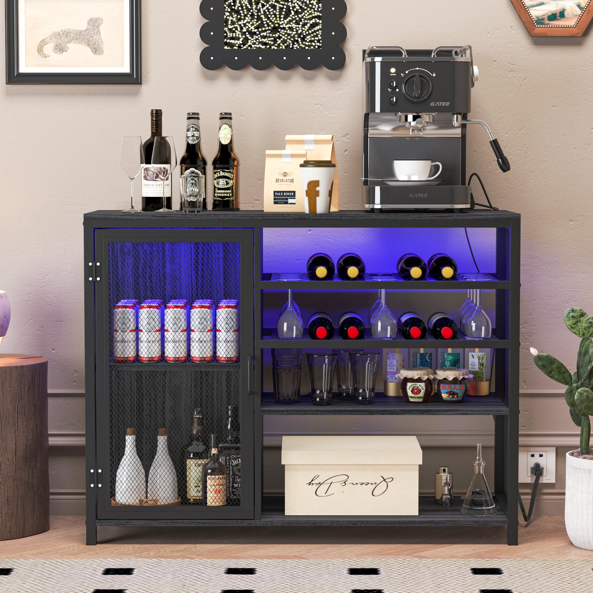 🆓🚛 Wine Bar Cabinet, Liquor Storage Credenza, Sideboard With Wine Racks & Stemware Holder, With USB Socket, Metal Bracket, Gray + Silver Silk Thread