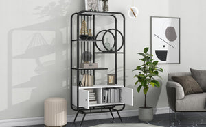 Home Office Bookcase With Cabinet Open Bookshelf Storage Large Bookshelf Furniture With Black Metal Frame, White