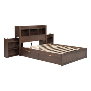 Full Size Storage Platform Bed with Pull Out Shelves, Twin Size Trundle and 2 Drawers, Espresso