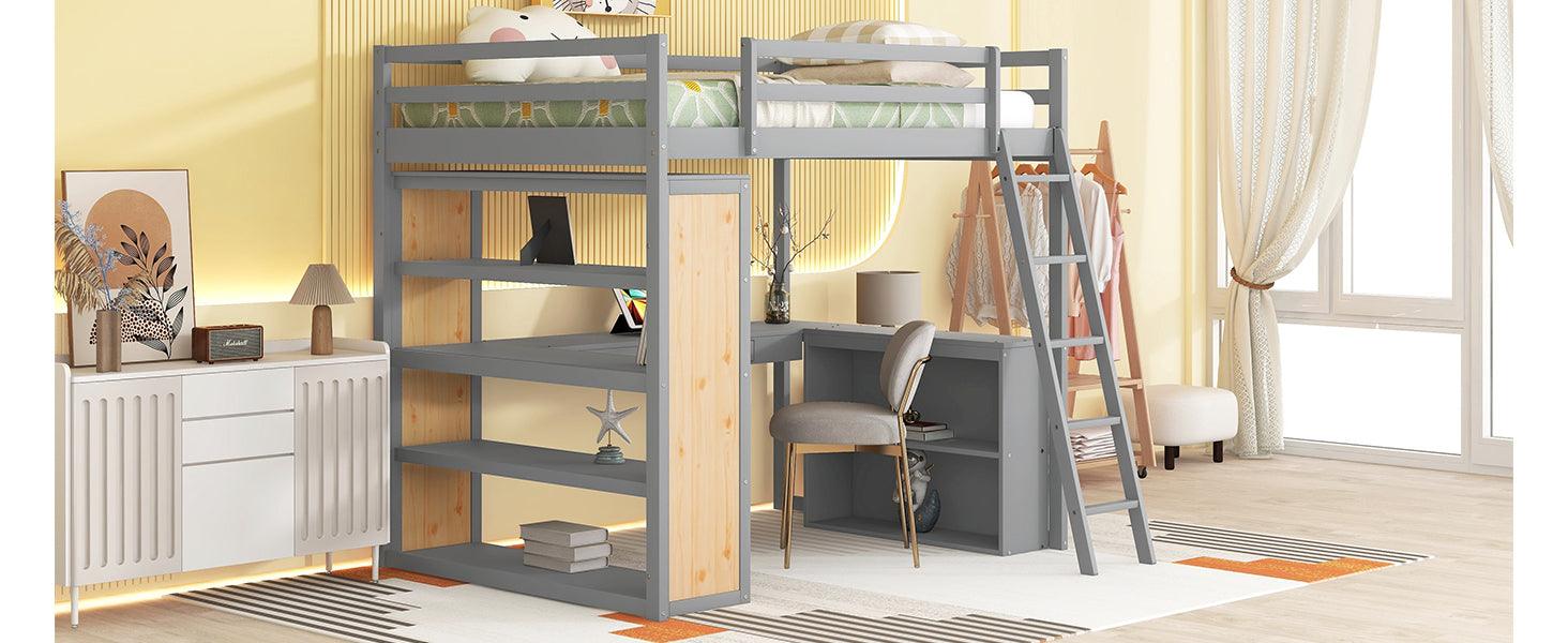 Full Size Loft Bed with Ladder, Shelves, and Desk, Gray