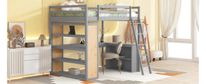 Full Size Loft Bed with Ladder, Shelves, and Desk, Gray