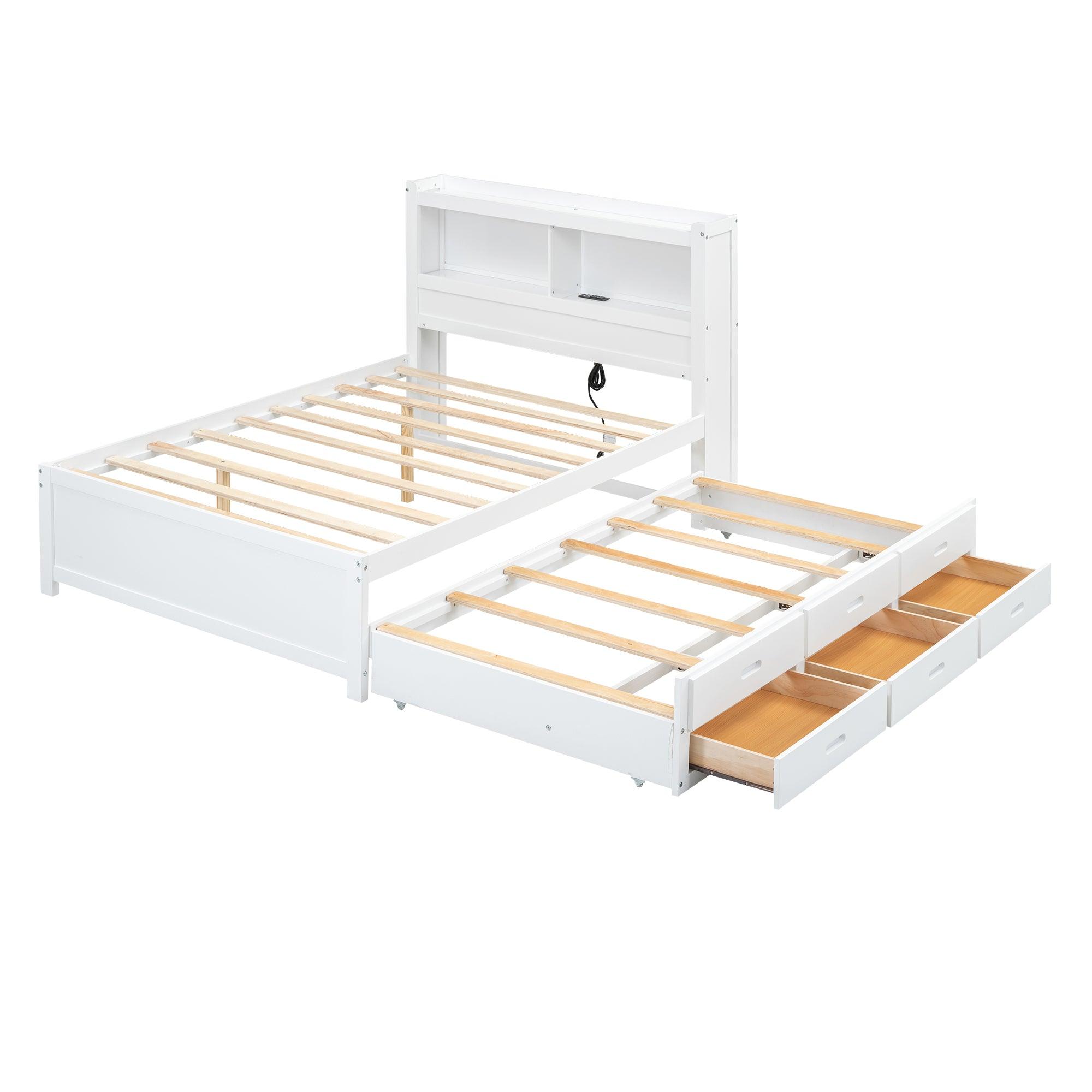 Full Size platform bed with trundle, drawers and USB plugs, White