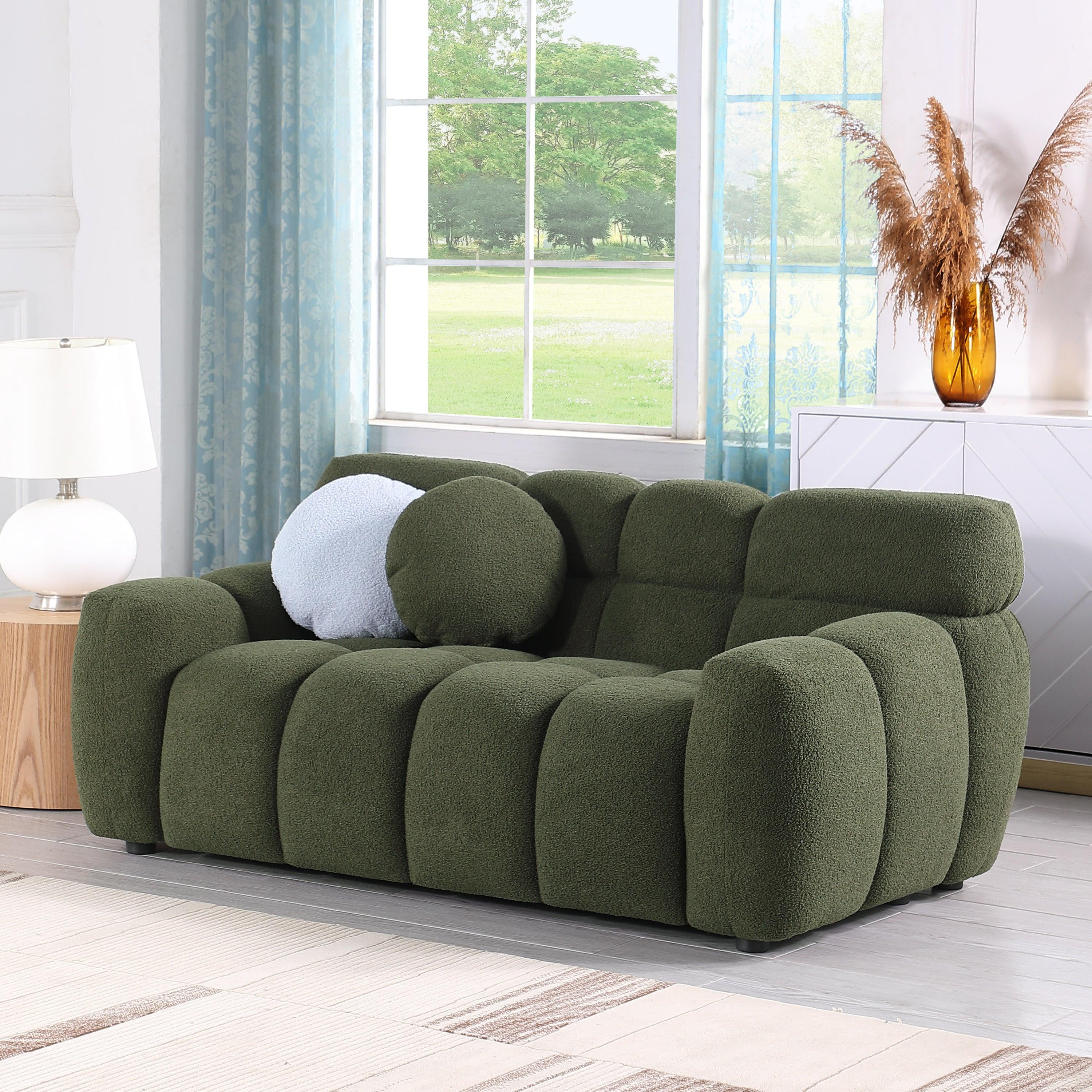 🆓🚛 64.96 Length, 35.83" Deepth, Human Body Structure for Usa People, Marshmallow Sofa, Boucle Sofa, 2 Seater, Olive Green