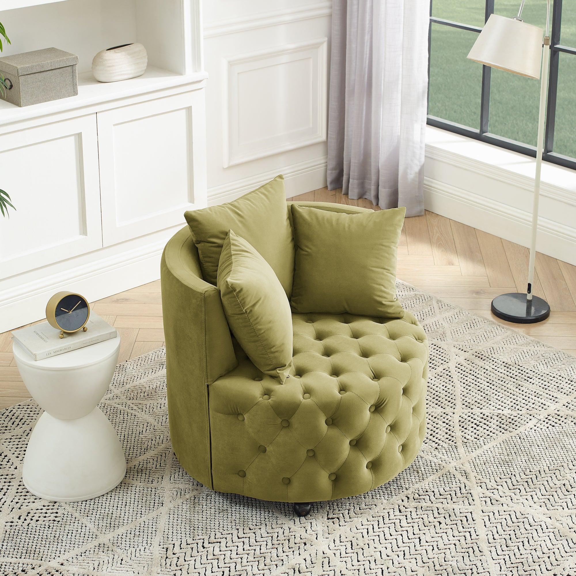 🆓🚛 Velvet Upholstered Swivel Chair for Living Room, With Button Tufted Design & Movable Wheels, Including 3 Pillows, Khaki Green