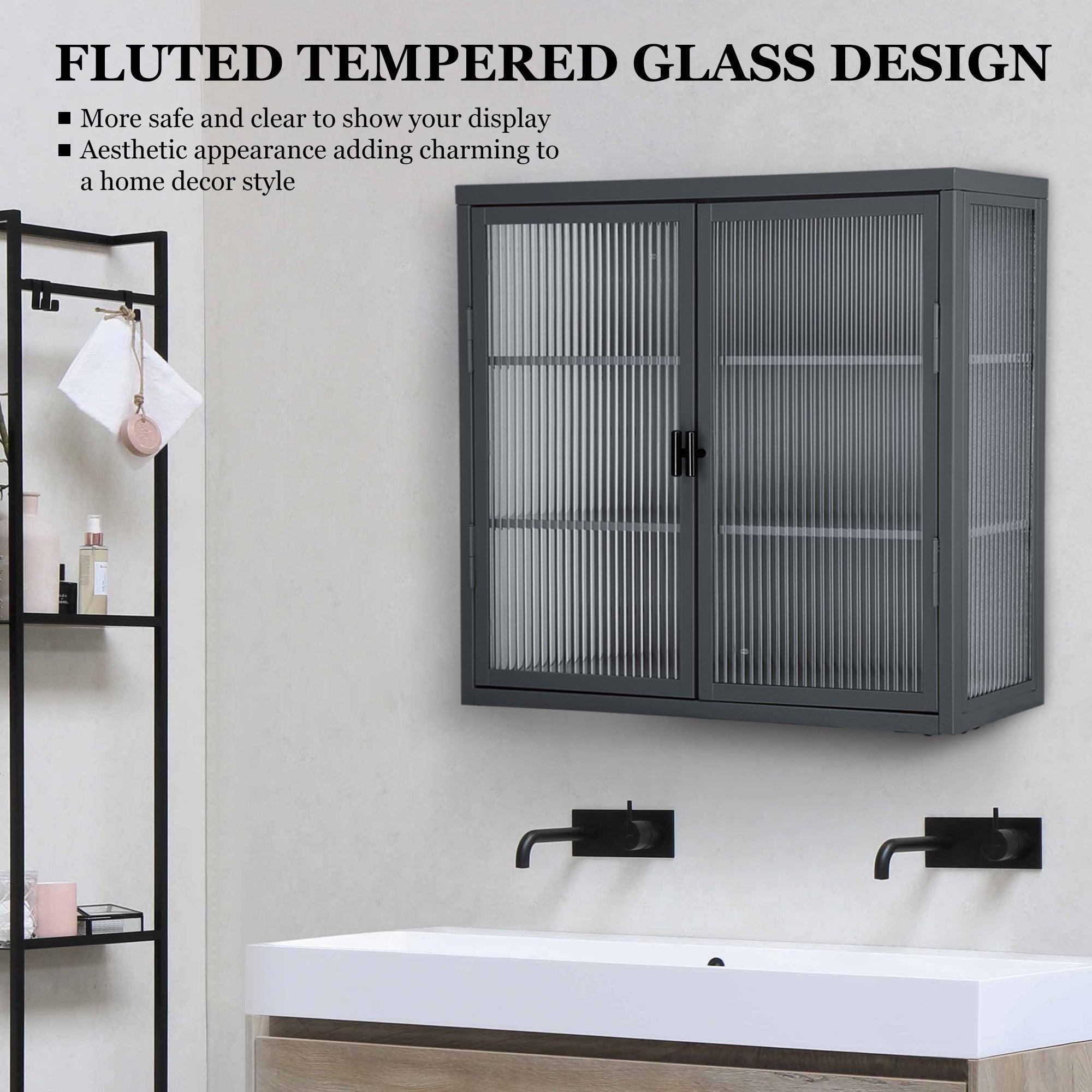 🆓🚛 Retro Style Haze Double Glass Door Wall Cabinet With Detachable Shelves for Office, Dining Room, Living Room, Kitchen & Bathroom, Gray Color