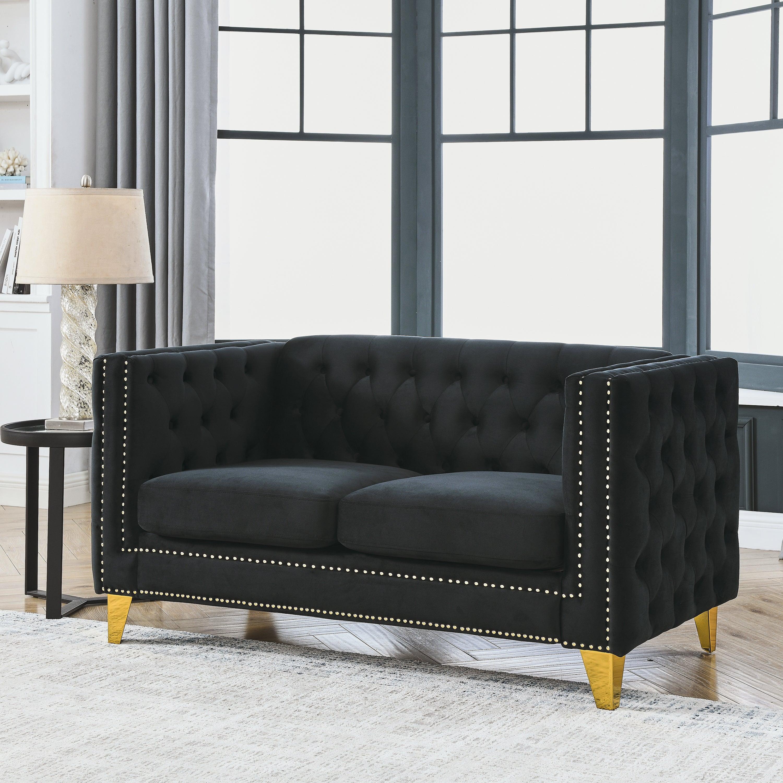 🆓🚛 58" 2 Seater Velvet Sofa for Living Room, Buttons Tufted Square Arm Couch, Modern Couch Upholstered Button & Metal Legs, Sofa Couch for Bedroom, Black