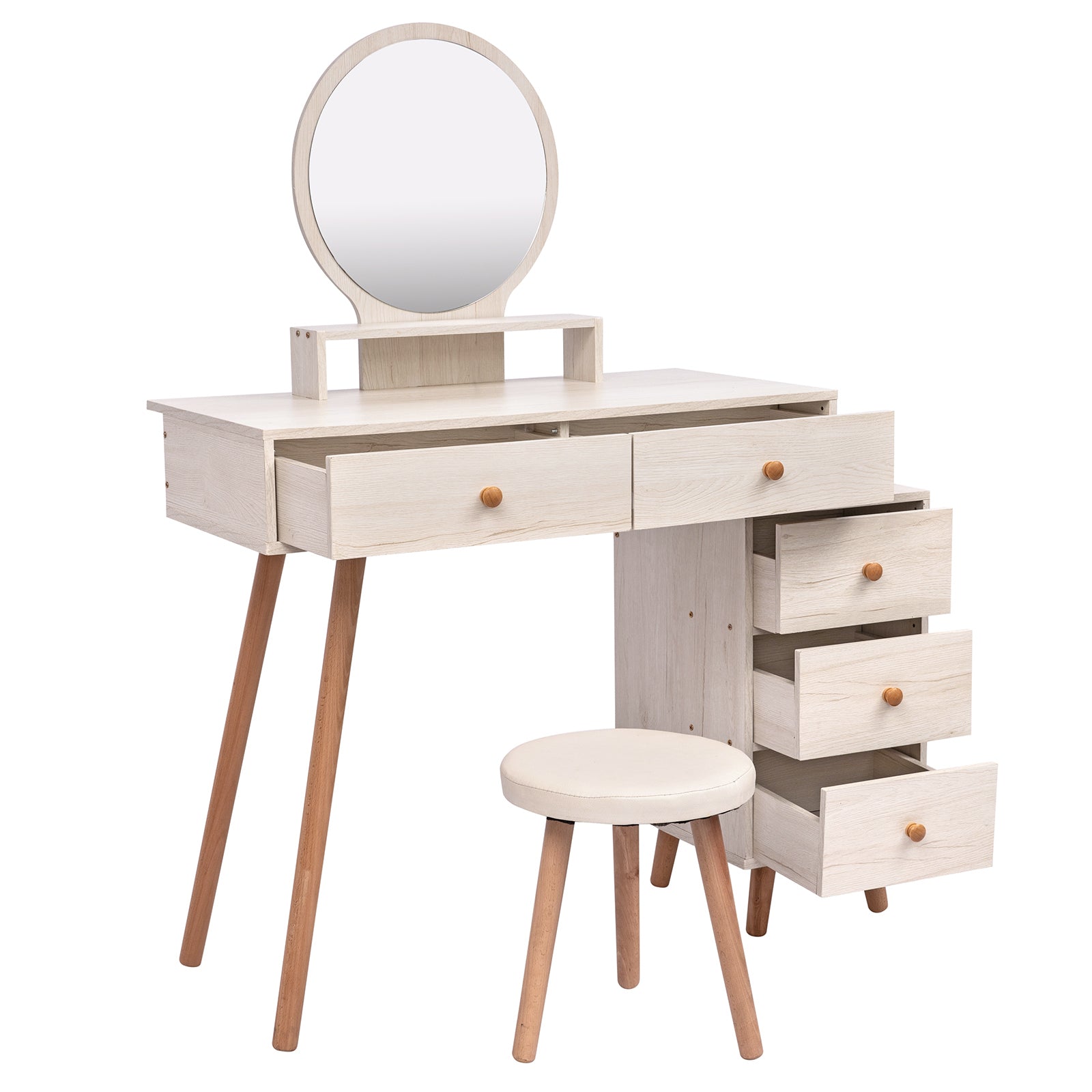 Makeup Vanity Table With Cushioned Stool, Large Capacity Storage Cabinet, 5 Drawers, Large Round Mirror, (31.5"-43.2"L X 15.8"W X 48.1"H) Length Adjustable