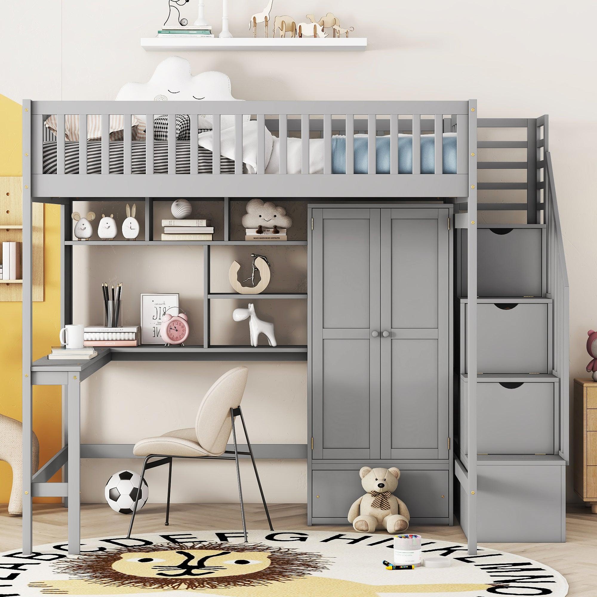 🆓🚛 Full Size Loft Bed With Bookshelf, Drawers, Desk, & Wardrobe-Gray