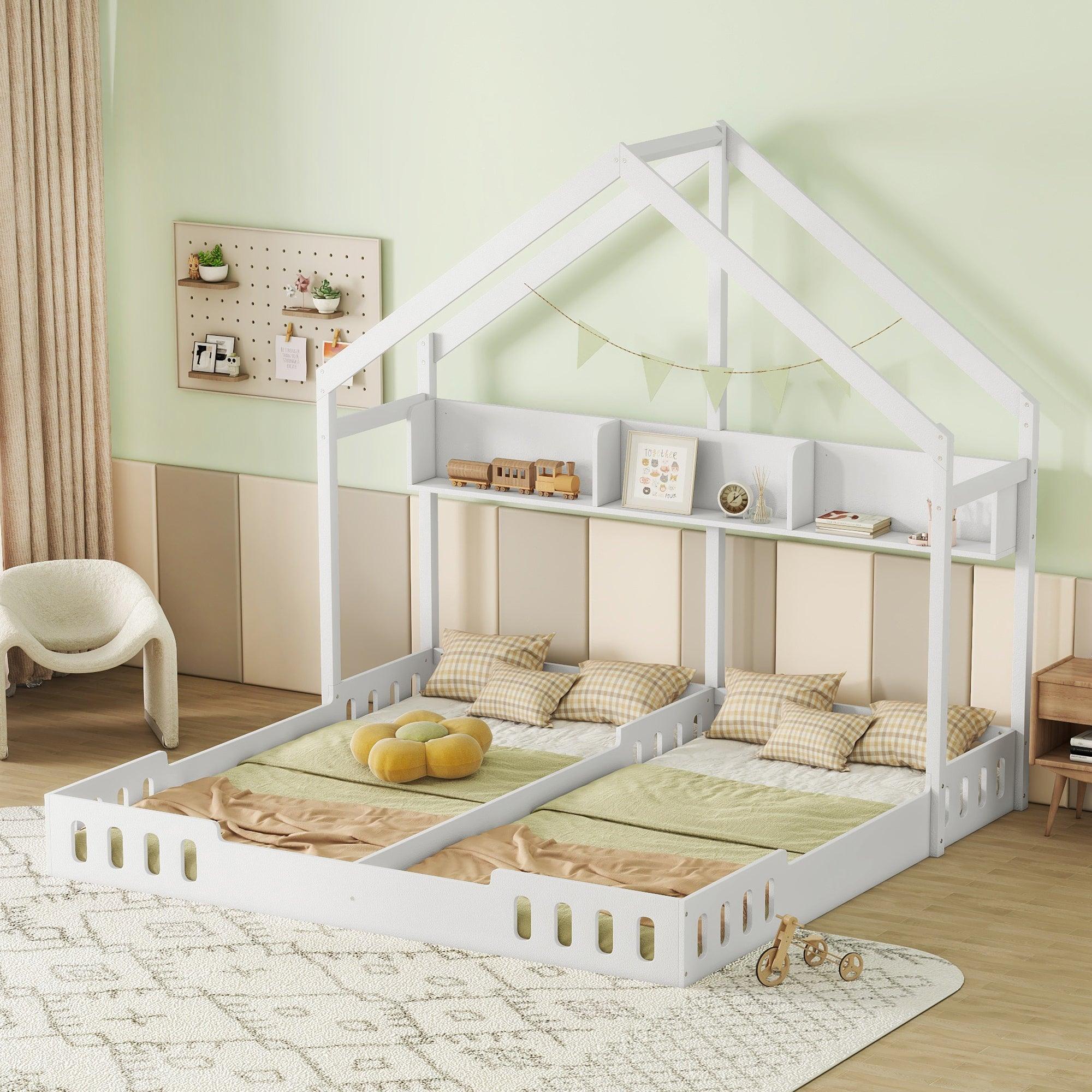 🆓🚛 Wood Twin Size House Platform Beds, Two Shared Beds With Shelves & Guardrail, Creamy White