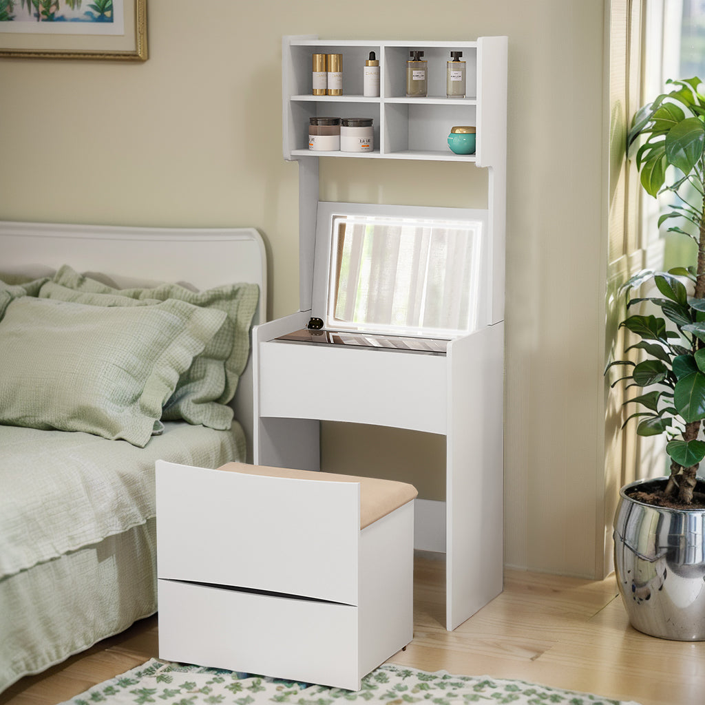 🆓🚛 Dressing Table With Flip Top Led Illuminated Mirror, Vanity Table With Internal Storage Area, Makeup Vanity Dressing Table With Removable Upholstered Stool, Practical and Space-Saving, Bedroom, White