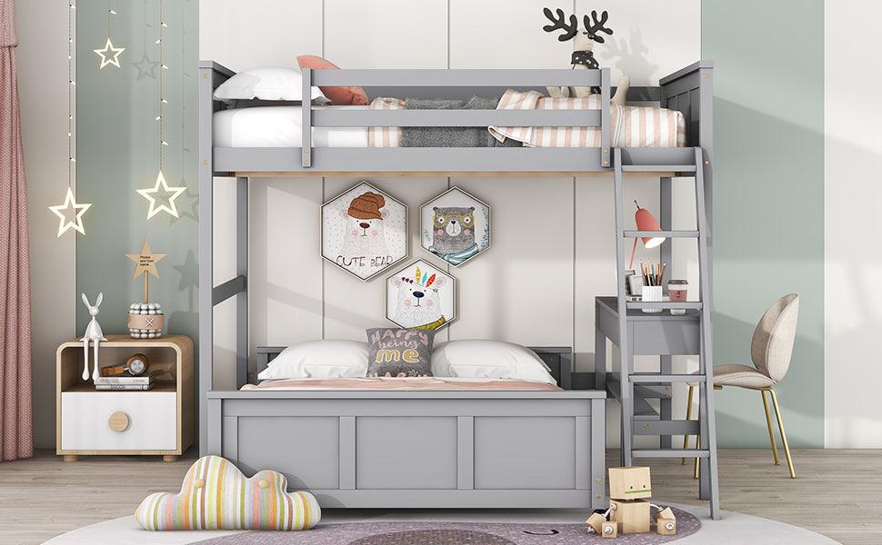 Full Over Full Bunk Bed with Desk, Gray