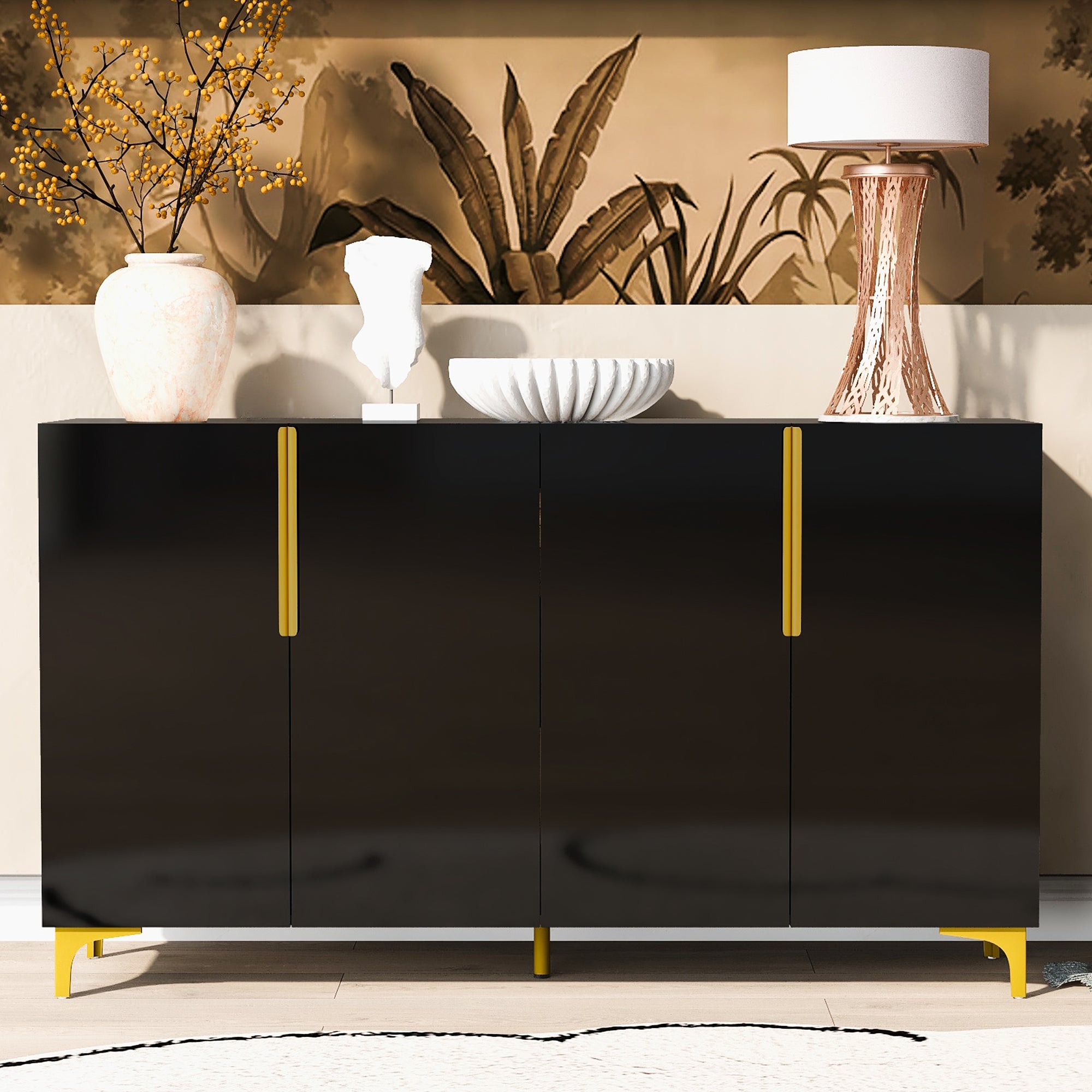 🆓🚛 4-Door Glossy Finish Light Luxury Sideboard Storage Cabinet, Adjustable,  Suitable for Living Room, Study, Hallway, Black