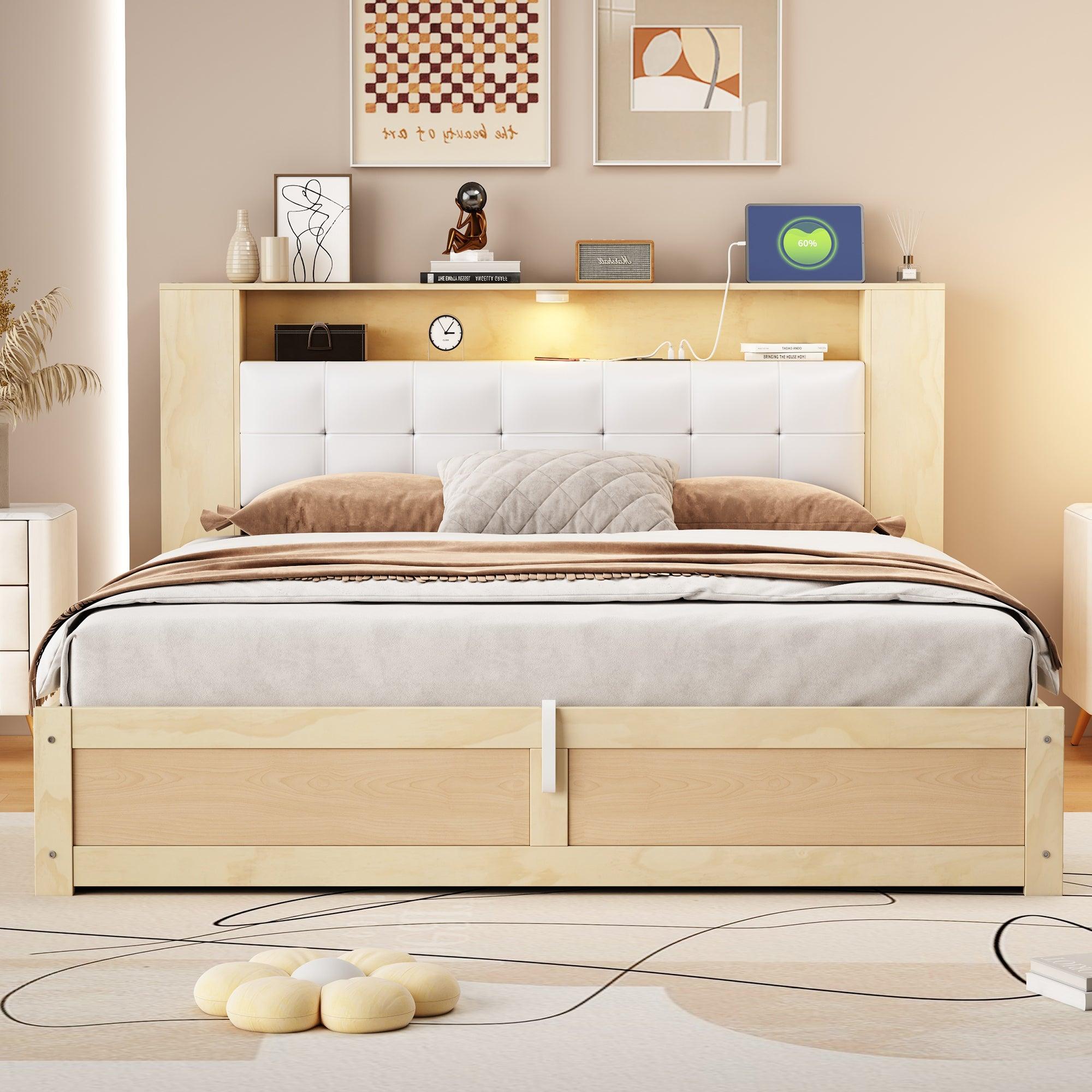 🆓🚛 Queen Size Tufted Upholstered Platform Bed With Storage Headboard and Hydraulic Storage System, Modern Pu Storage Bed With Motion Activated Night Lights and Usb Charger, Natural