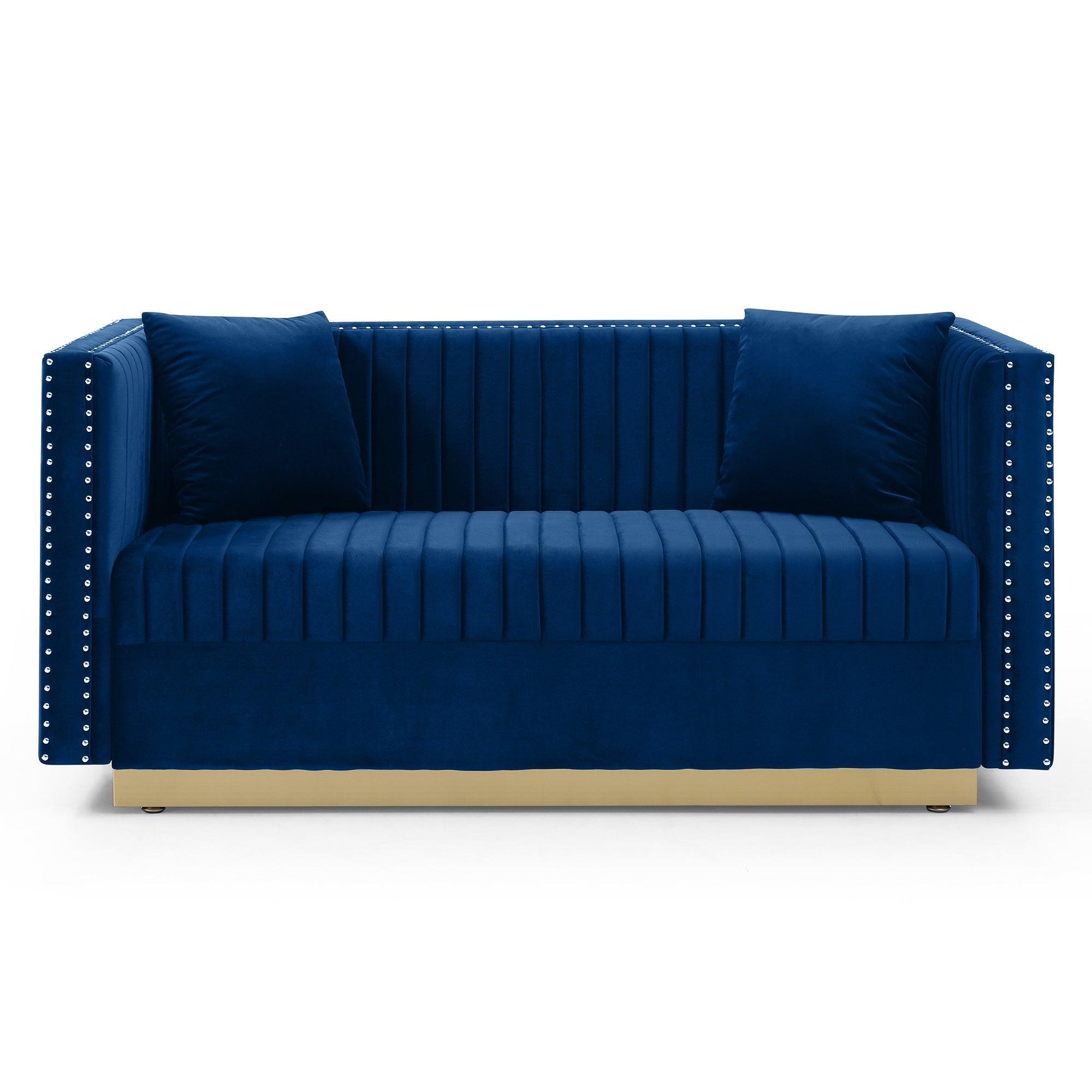 🆓🚛 Contemporary Vertical Channel Tufted Velvet Sofa Loveseat Modern Upholstered 2 Seater Couch for Living Room Apartment With 2 Pillows, Blue