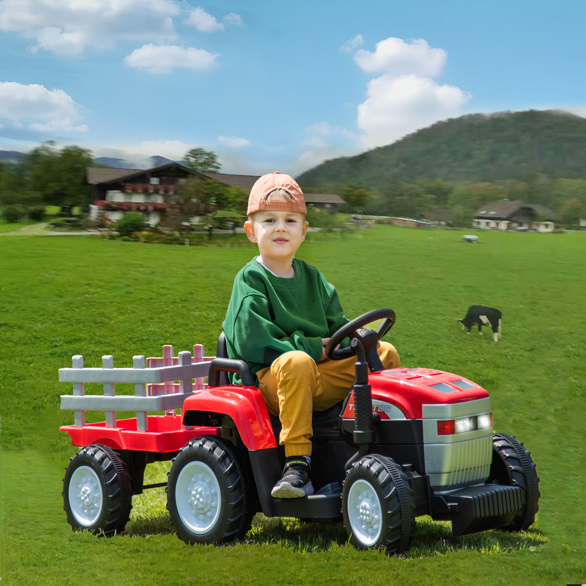 Red, 12V7Ah Battery-Powered Toy Tractor With Trailer, Remote Control, Kids' Electric Excavator Vehicles With 2X35W Dual Motor, Treaded Tires, Led Lights, Usb, Music, - Gifts for Boy, Girl