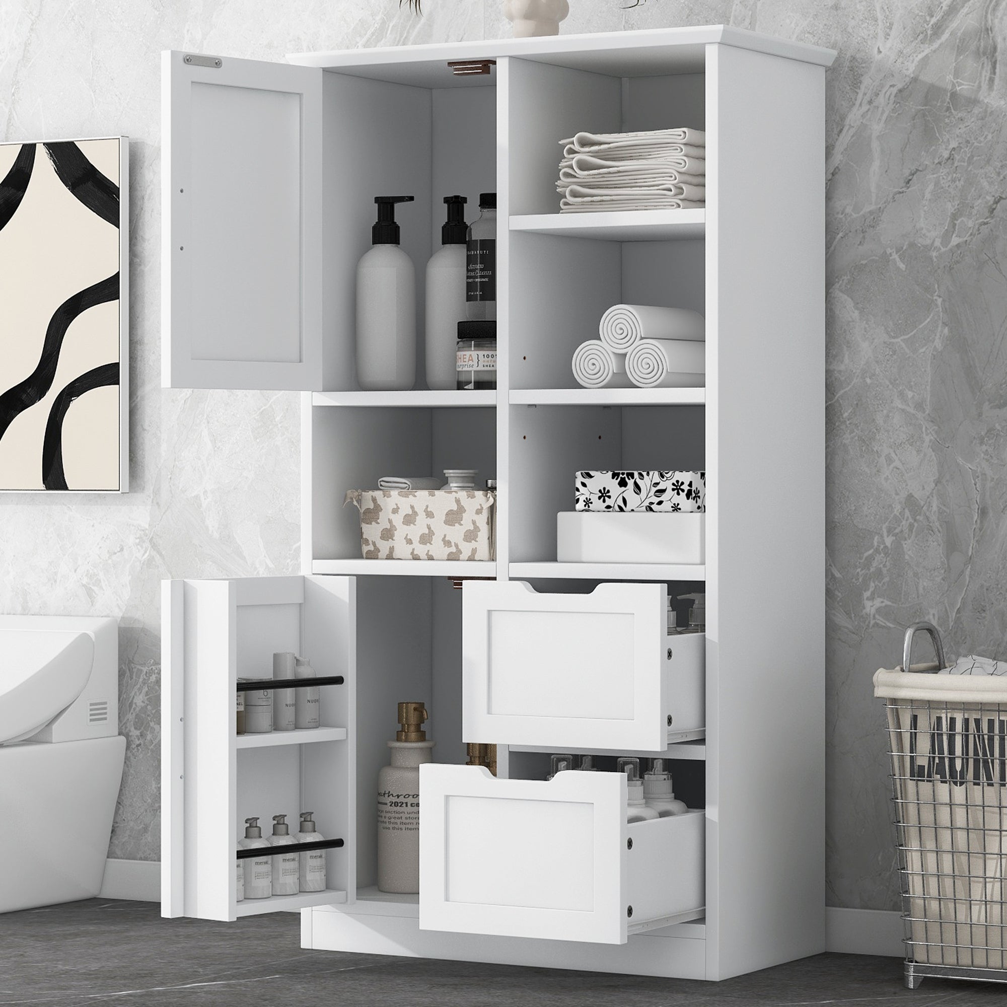 Bathroom Storage Cabinet with Doors and Drawers, Multiple Storage Space, Freestanding Style, Open Shelve, Adjustable Shelf, White