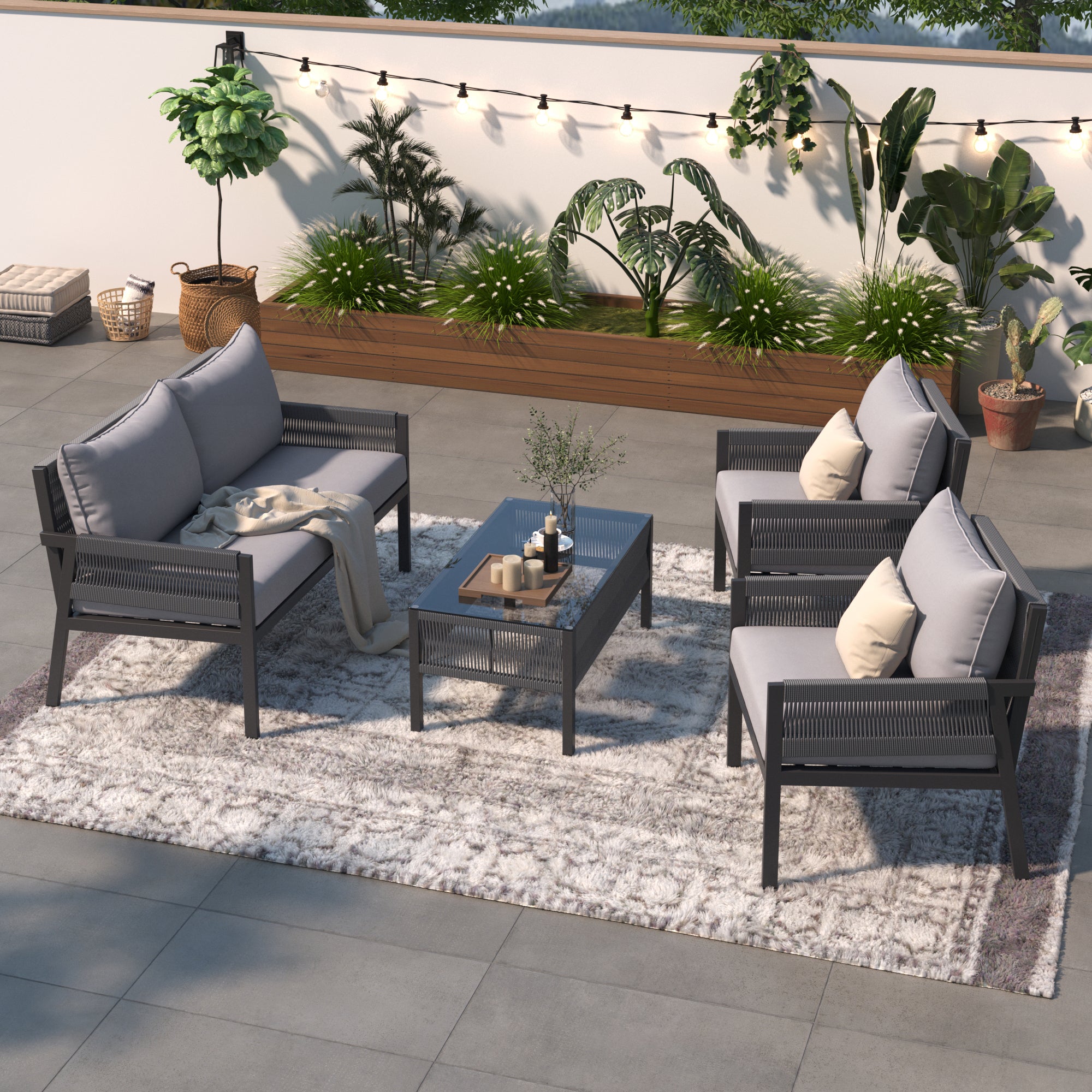 🆓🚛 4-Piece Patio Conversation Set, Outdoor Furniture with Tempered Glass Table, Deep Seating with Thick Cushion for Backyard Porch Balcony, Gray