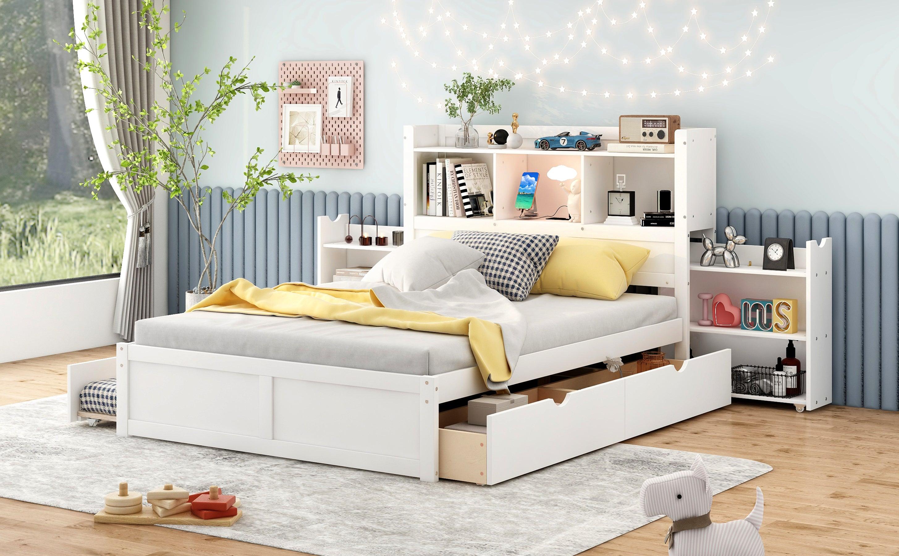 Full Size Storage Platform Bed with Pull Out Shelves, Twin Size Trundle and 2 Drawers, White