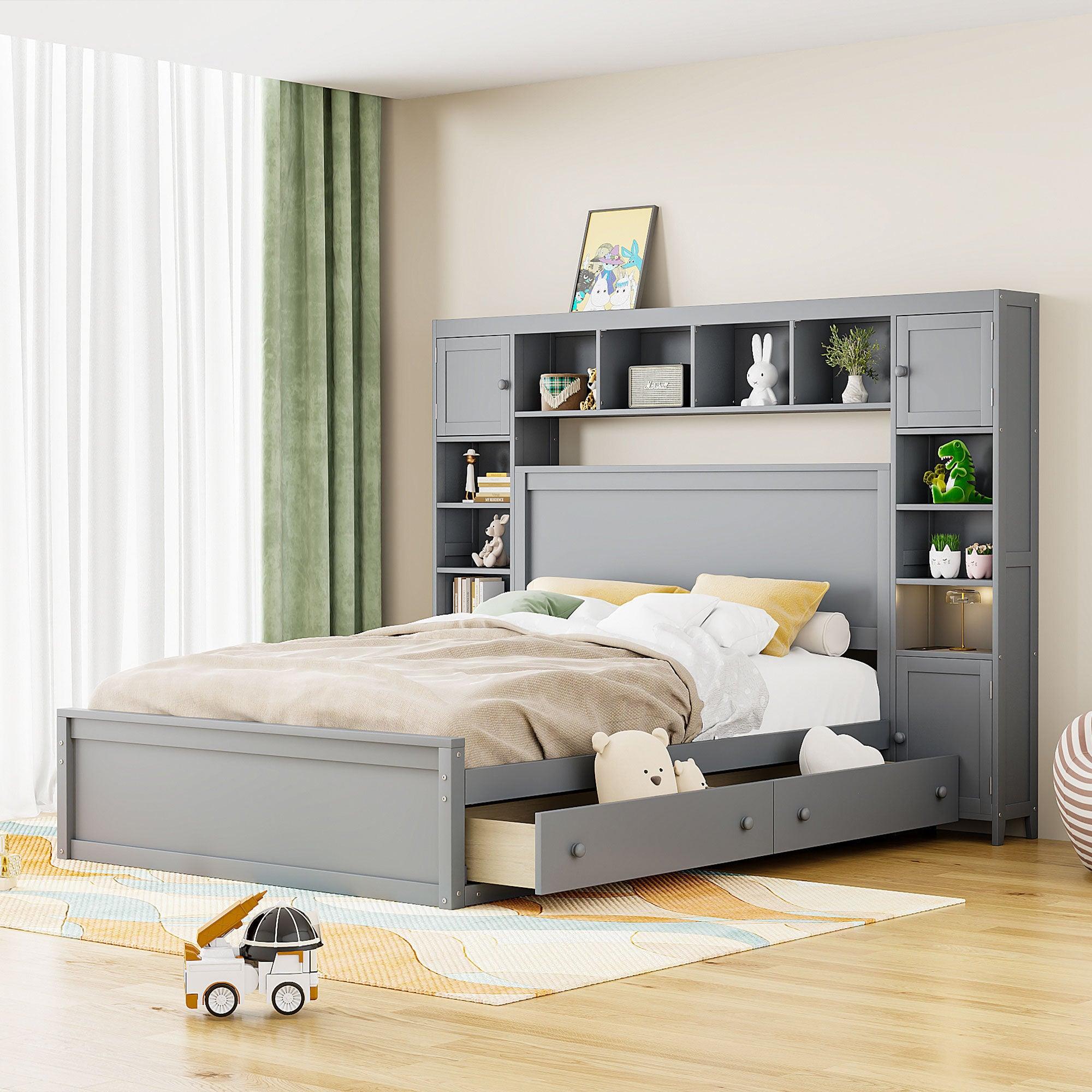 🆓🚛 Queen Size Wooden Bed With All-in-One Cabinet, Shelf and Sockets, Gray