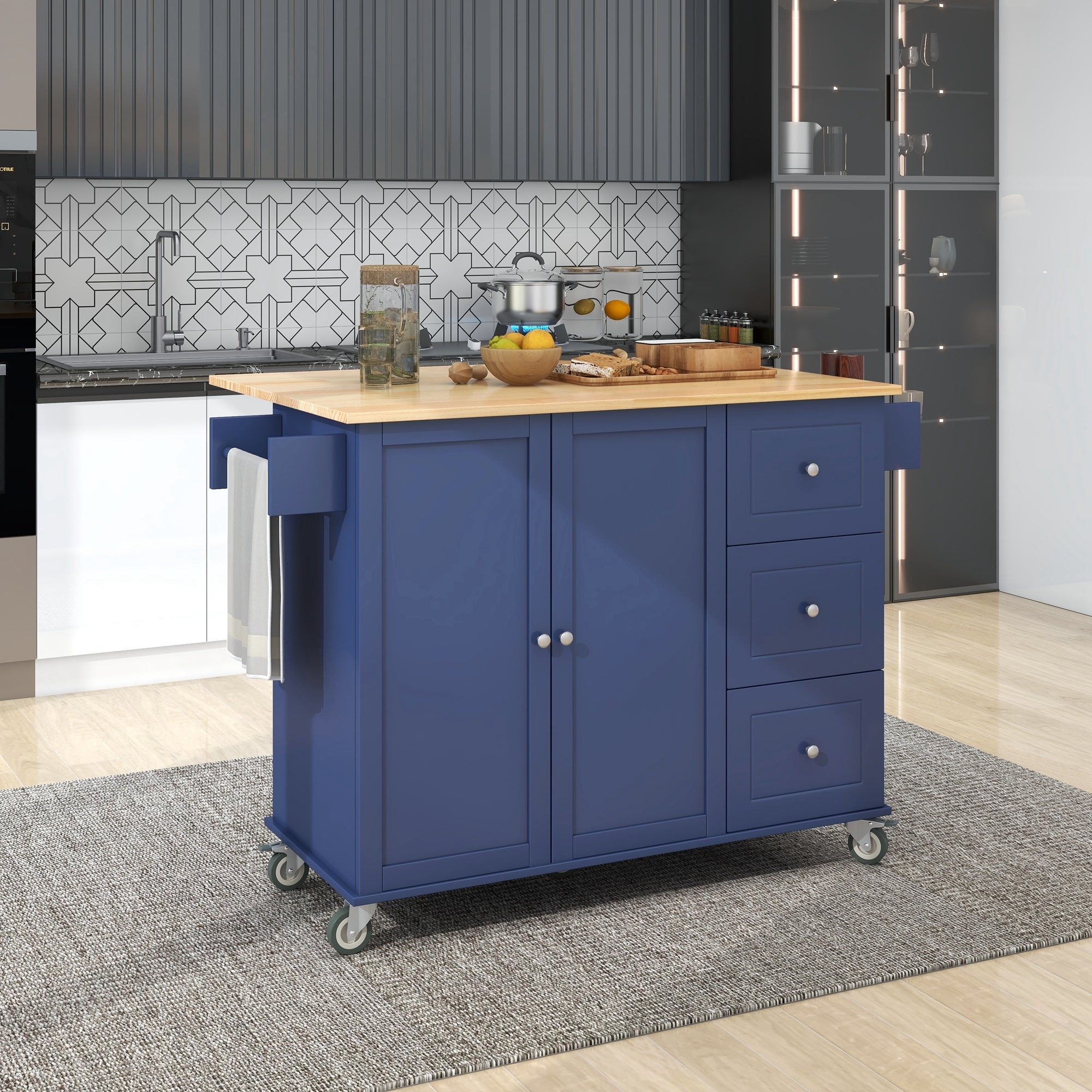 Rolling Mobile Kitchen Island With Drop Leaf - Solid Wood Top, Locking Wheels & Storage Cabinet 52.7 Inch Width (Dark Blue)