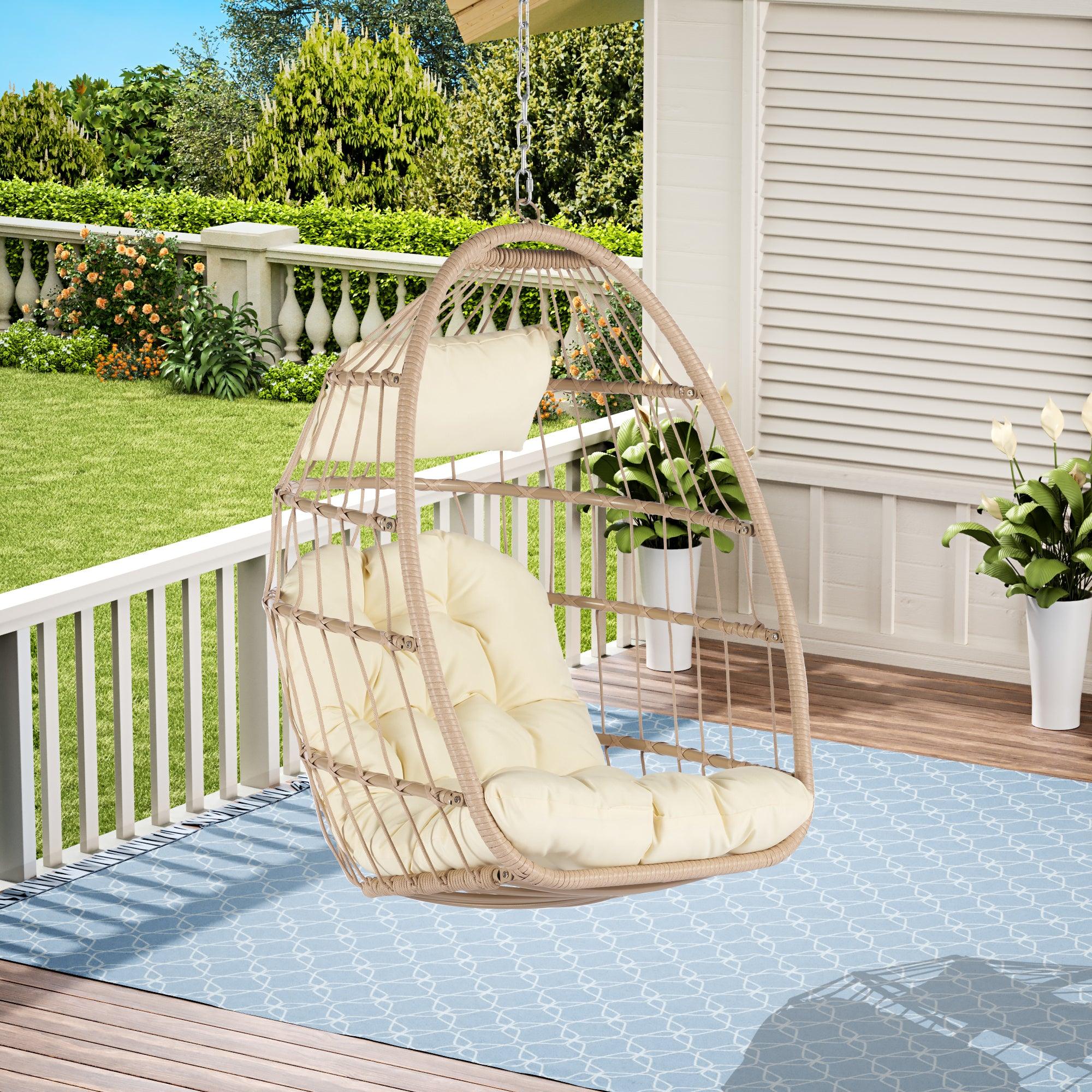 🆓🚛 Outdoor Garden Rattan Egg Swing Chair Hanging Chair, Khaki
