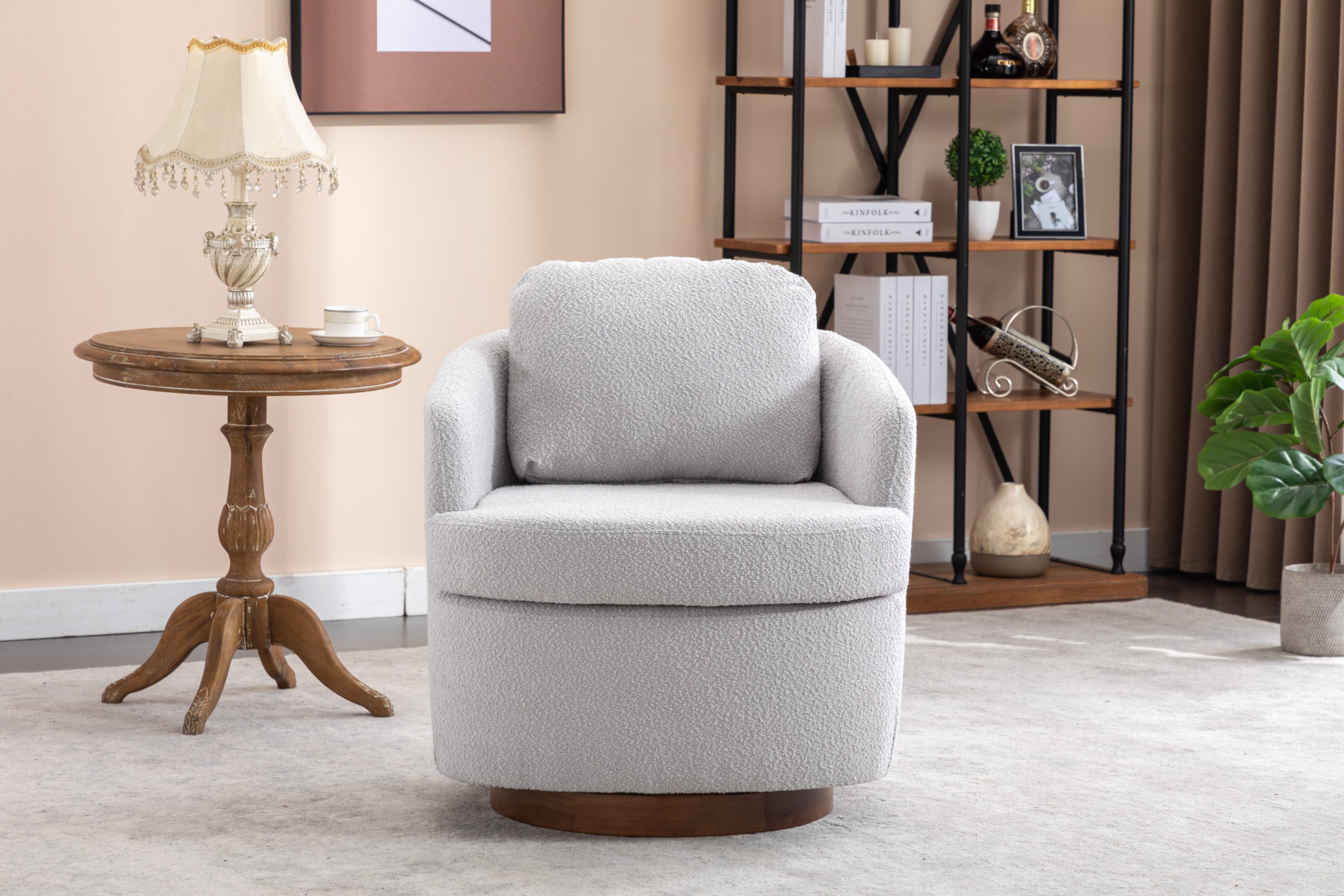 🆓🚛 Boucle Fabric Swivel Accent Chair With Soild Wood Round Brown Base Leg, Light Gray