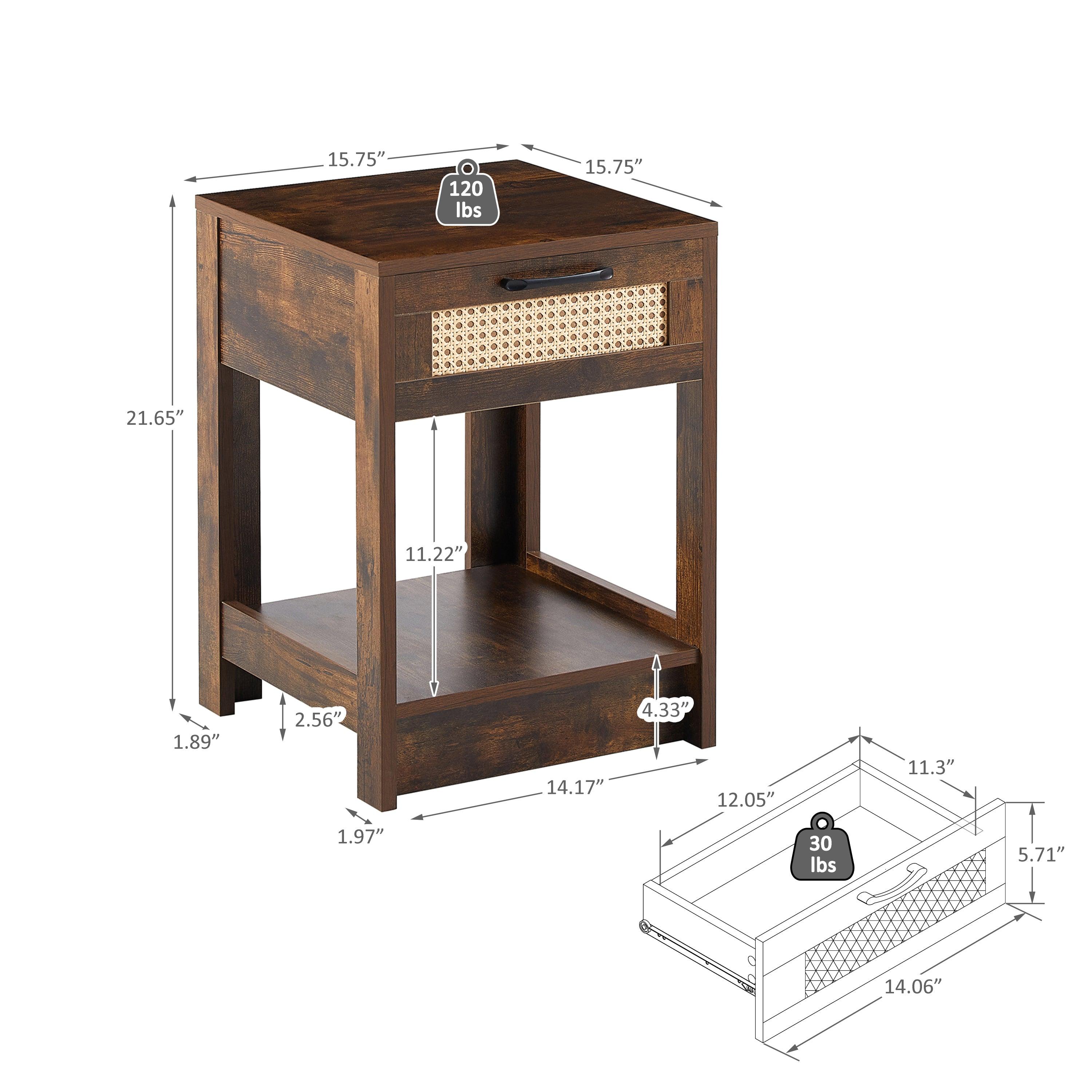 15.75" Rattan End table with  drawer, Modern nightstand, side table for living room, bedroom, Rustic Brown