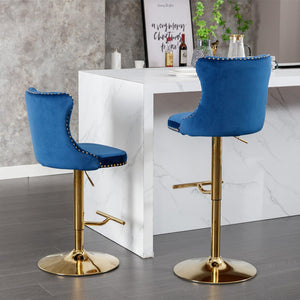 Golden Swivel Velvet Barstools Adjusatble Seat Height From 25-33 Inch, Modern Upholstered Bar Stools With Backs Comfortable Tufted For Home Pub And Kitchen Island, Blue, Set Of 2