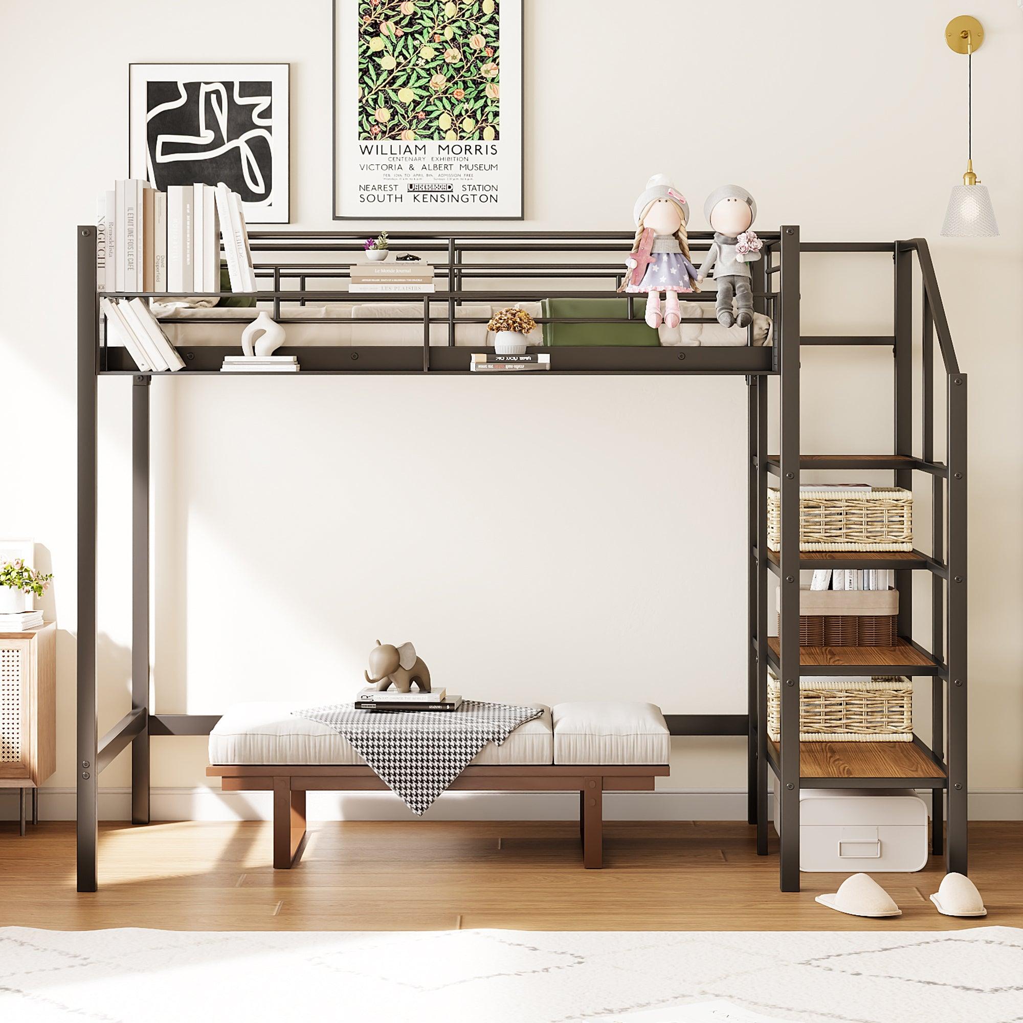 🆓🚛 Twin Size Metal Loft Bed With Upper Grid Storage Shelf & Lateral Storage Ladder, Black