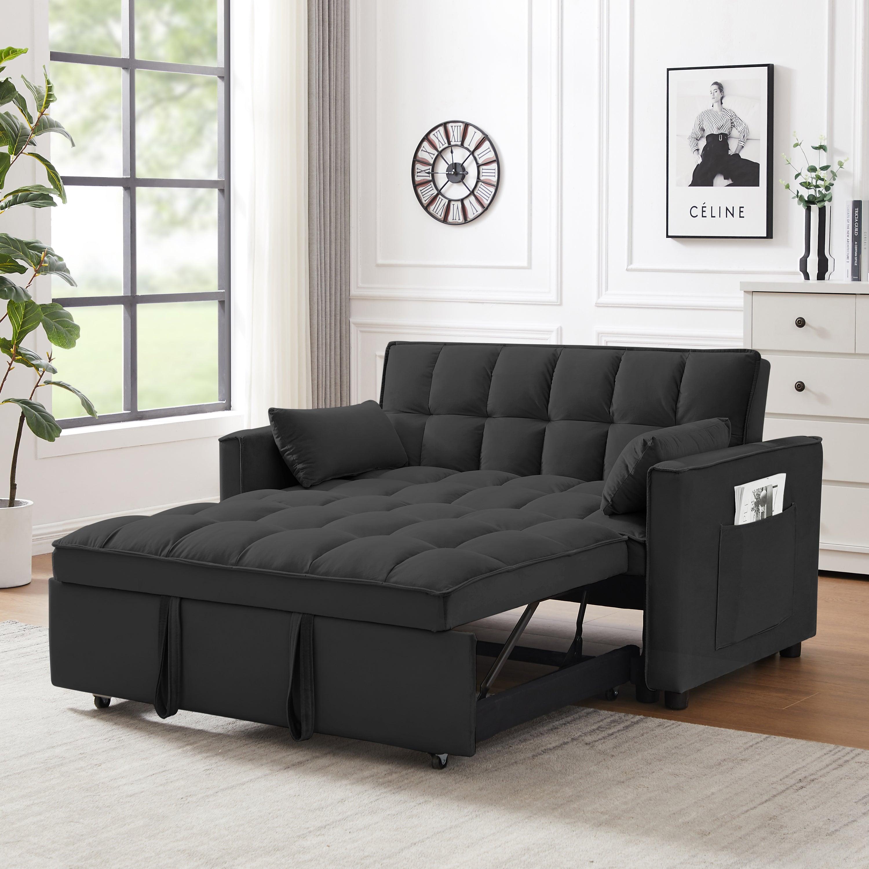 🆓🚛 Modern Velvet Loveseat Futon Sofa Couch W/Pullout Bed, Small Love Seat Lounge Sofa W/Reclining Backrest, Toss Pillows, Pockets, Furniture for Living Room, 3 in 1 Convertible Sleeper Sofa Bed, Black