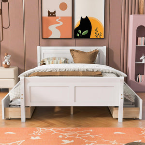 Full Size Wood Platform Bed with 4 Drawers and Streamlined Headboard & Footboard, White