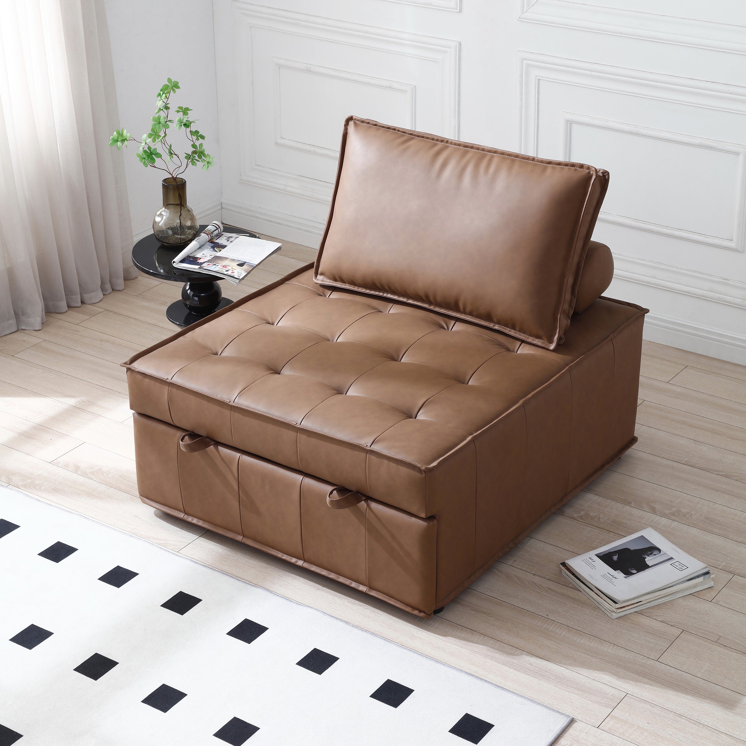 🆓🚛 Multipurpose Faux Leather Ottoman Lazy Chair Pull-Out Sofa Bed, Brown