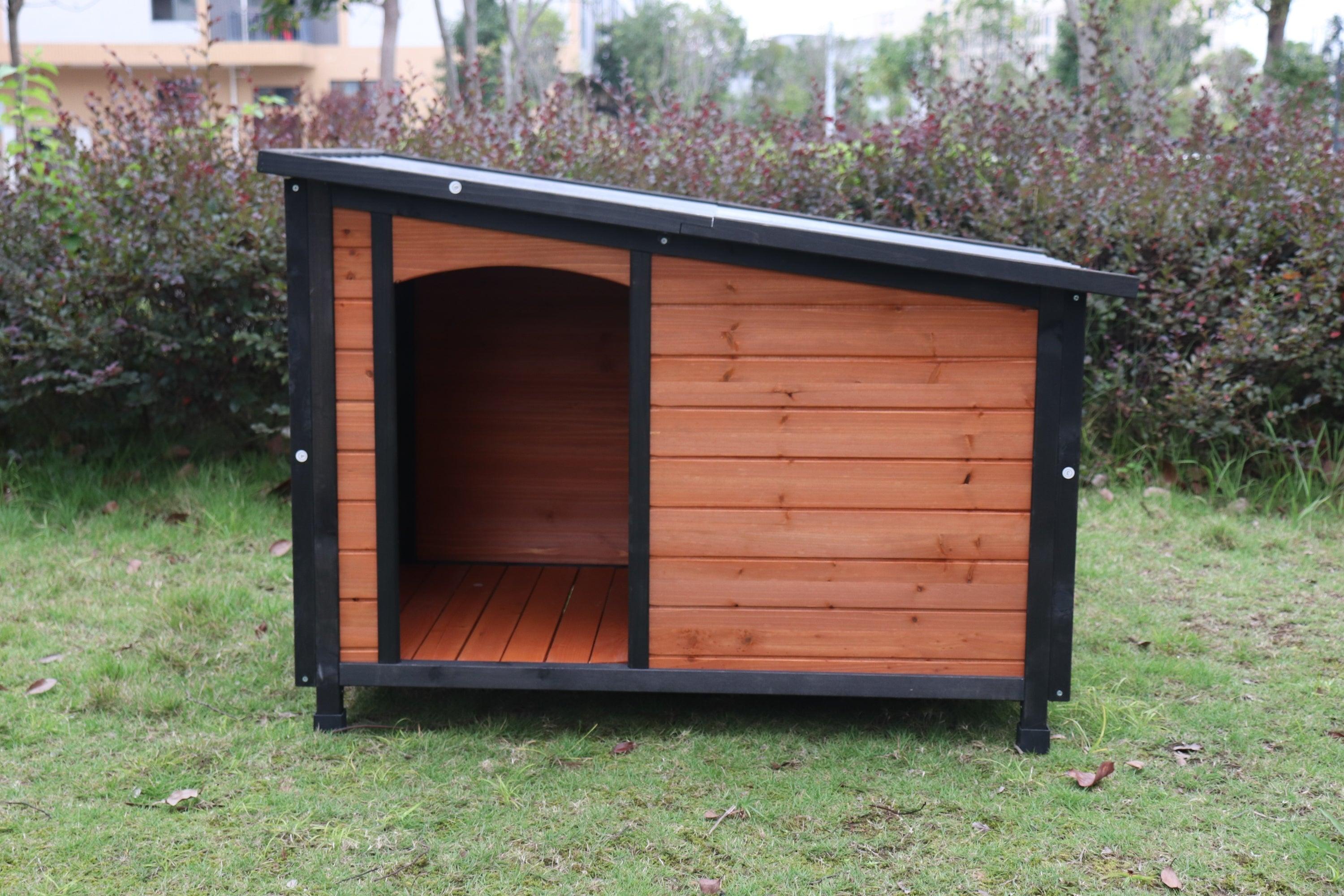 🆓🚛 46" Dog House Outdoor & Indoor Wooden Dog Kennel for Winter With Raised Feet Weatherproof for Large Dogs, Pvc Waterproof Roof(L)