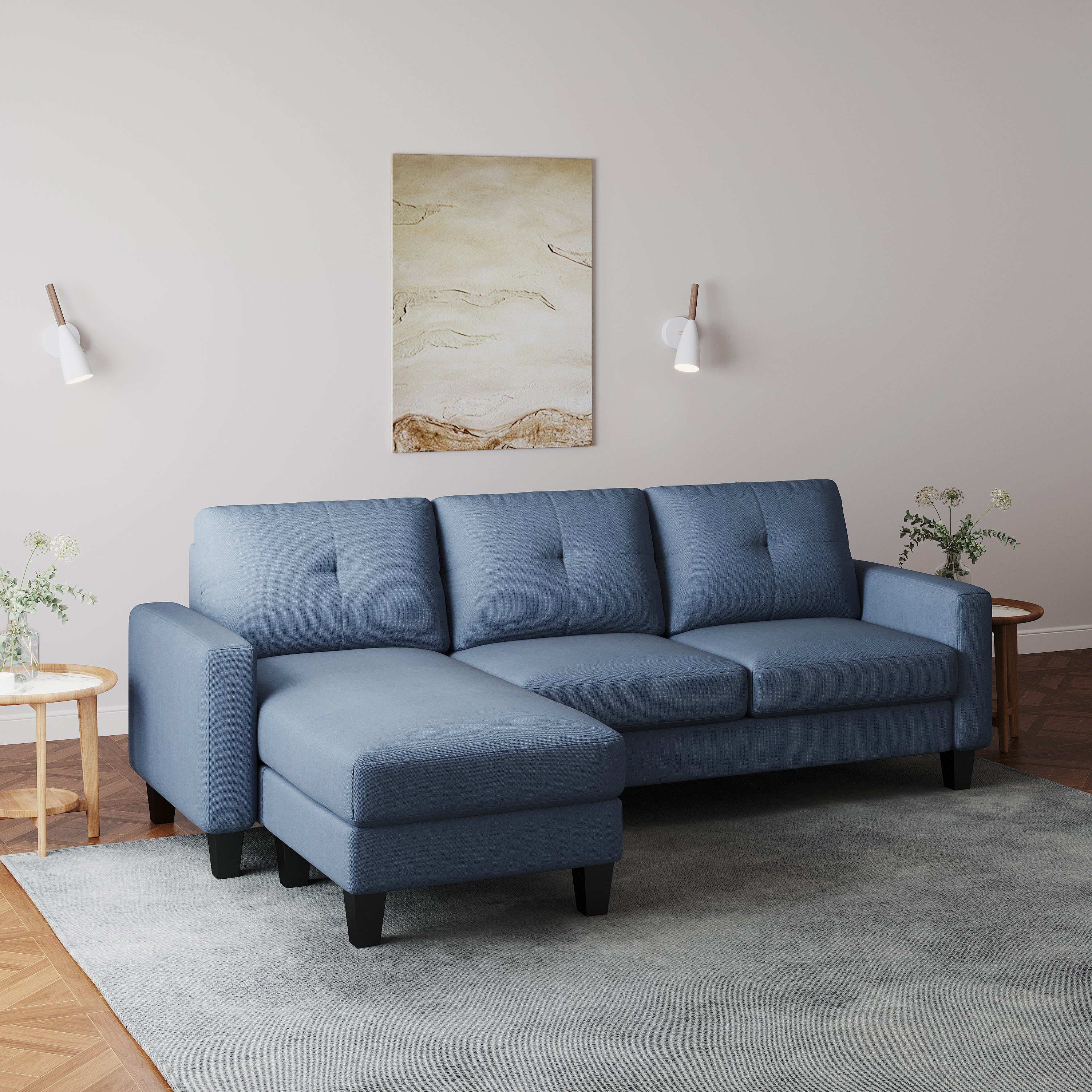 76.7" Compact 3 Seater Sofa With Ottoman for Small Spaces, Blue