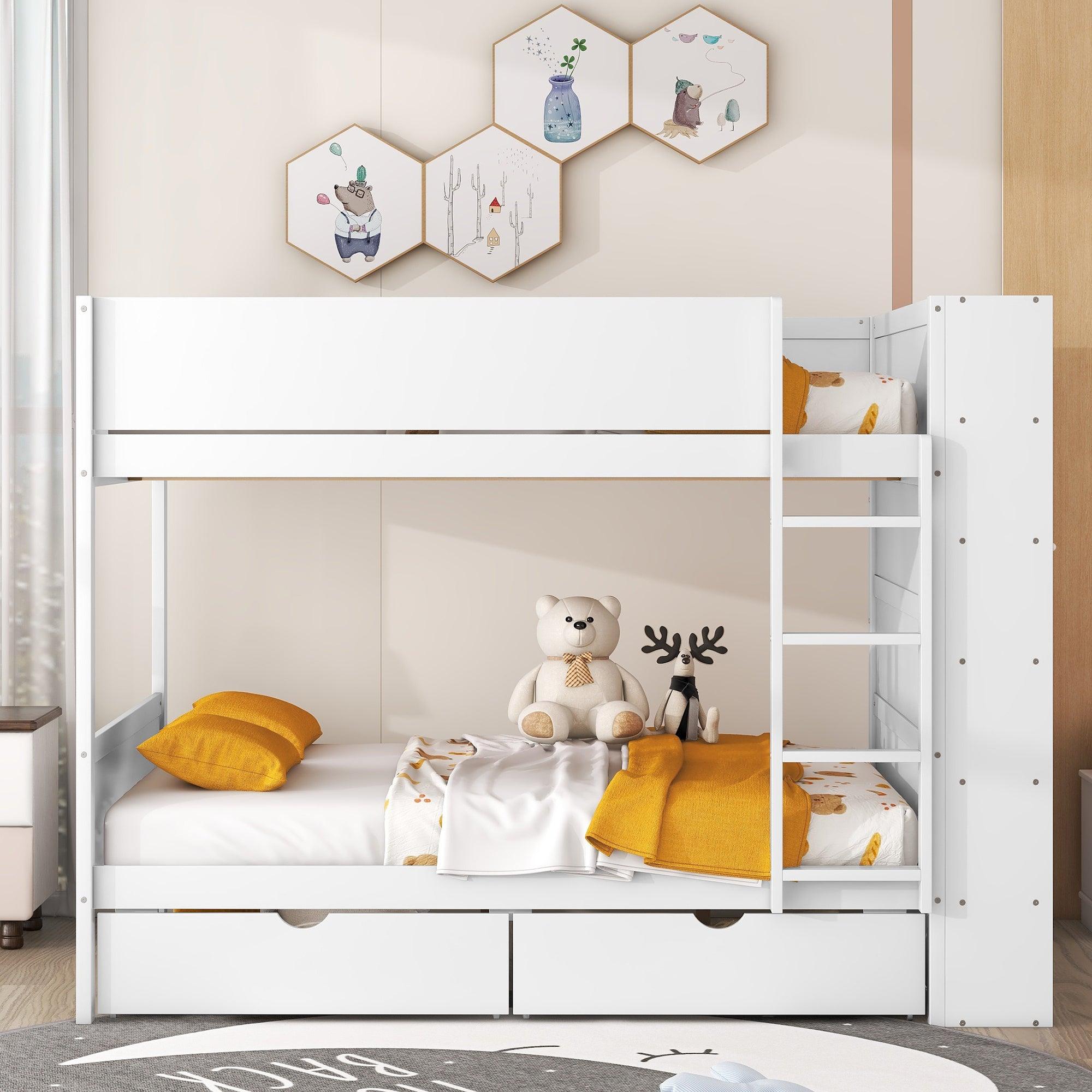 🆓🚛 Full Over Full Bunk Bed With 2 Drawers & Multi-Layer Cabinet, White