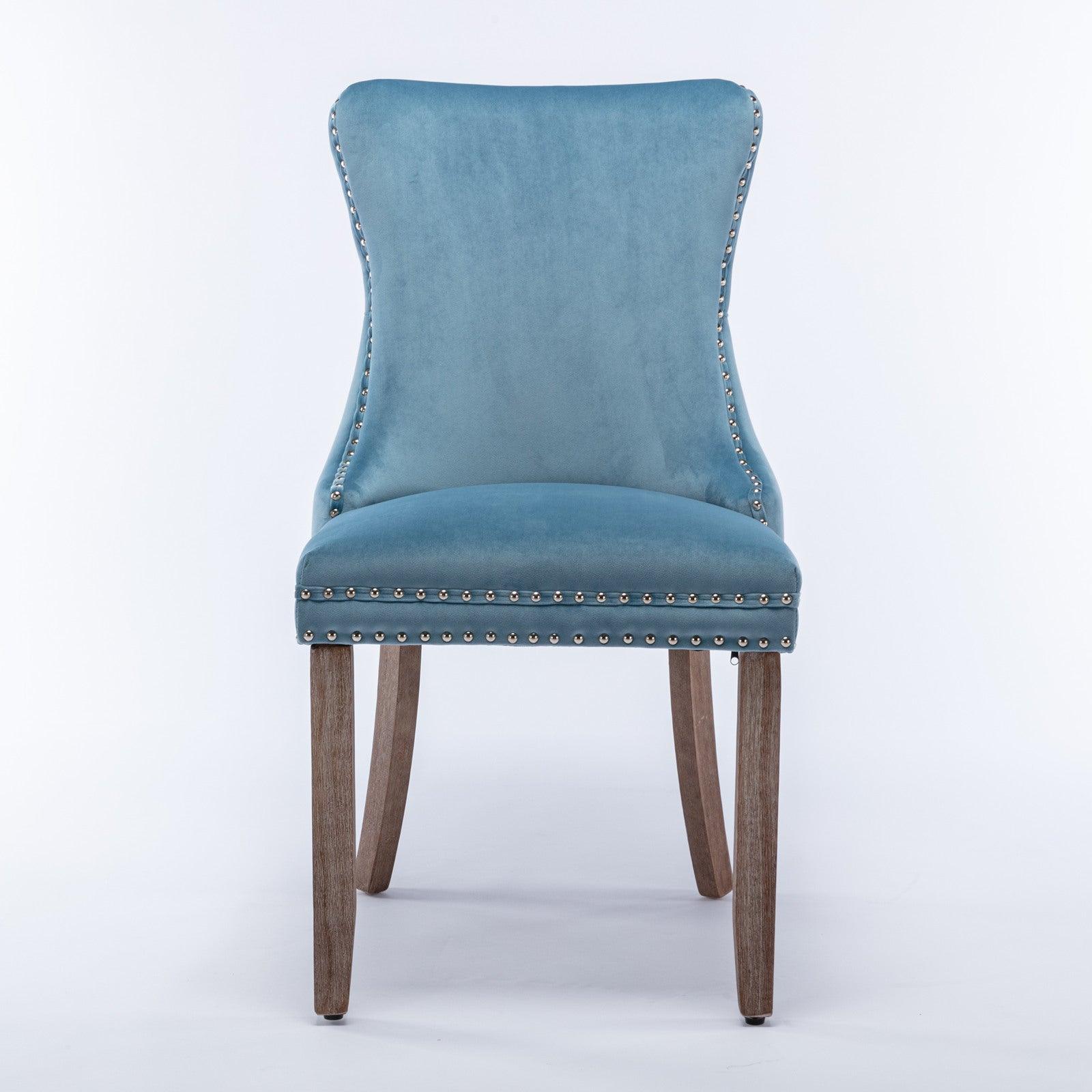 🆓🚛 Upholstered Wing-Back Dining Chair With Backstitching Nailhead Trim & Solid Wood Legs, Set Of 2, Light Blue