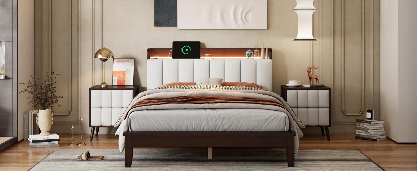 Full size Platform Bed with USB Charging Station and Storage Upholstered Headboard, LED Bed Frame, No Box Spring Needed, Walnut+Beige