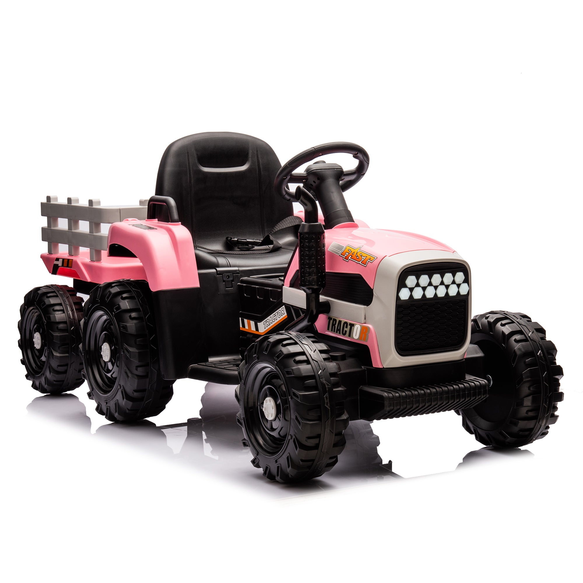 🆓🚛 Ride On Tractor With Trailer, 24V Battery Powered Electric Tractor Toy, 200W*2Motor 1.86-4.97Mph/Remote Control, Electric Car for Kids, Three Speed Adjustable, USB, Mp3, Bluetooth, Led Light, Safety Belt, Pink