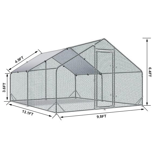 🆓🚛 Large Metal Chicken Coop Walk-In Poultry Cage Hen Run House Rabbits Habitat Cage Spire Shaped Coop With Waterproof and Anti-Ultraviolet Cover (13.1' L X 9.8' W X 6.4' H)