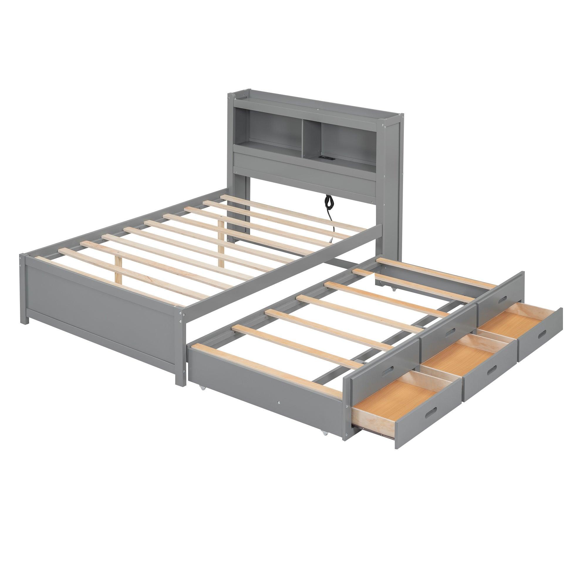 Full Size platform bed with trundle, drawers and USB plugs, Gray