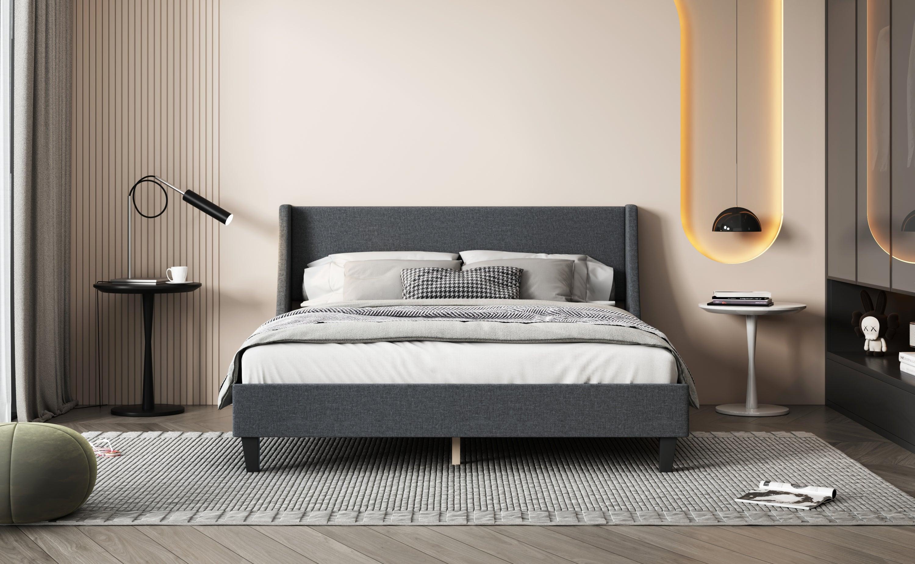 🆓🚛 Queen Size Bed Frame Upholstered Bed Frame Platform With Adjustable Headboard Linen Fabric Headboard Wooden Slats Support, Dark Gray