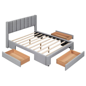 Full Size Upholstered Platform Bed with One Large Drawer in the Footboard and Drawer on Each Side, Gray