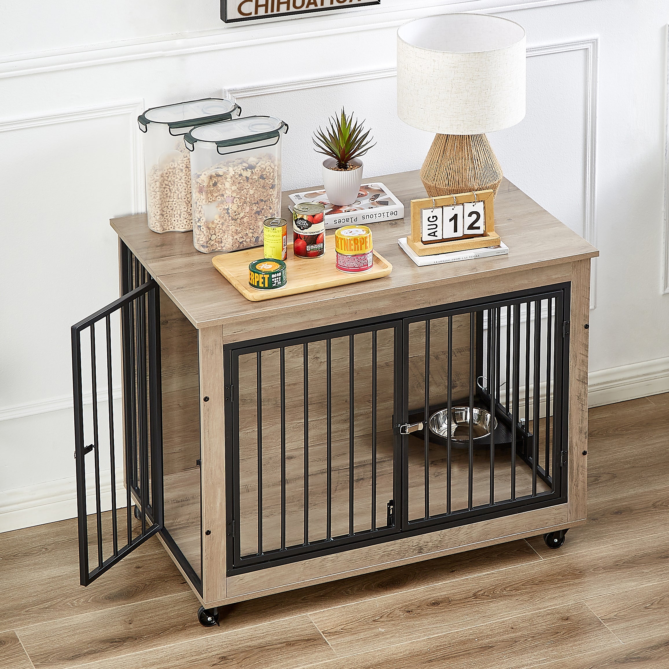 🆓🚛 Furniture Style Dog Crate Side Table With Rotatable Feeding Bowl, Wheels, Three Doors, Flip-Up Top Opening Indoor, Gray, 38.58"W X 25.2"D X 27.17"H