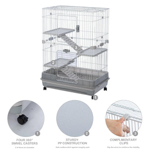 4-Tier 32" Small Animal Metal Cage Height Adjustable With Lockable Casters  Grilles Pull-Out Tray For Rabbit Chinchilla Ferret Bunny Guinea Pig Squirrel Hedgehog, GREY