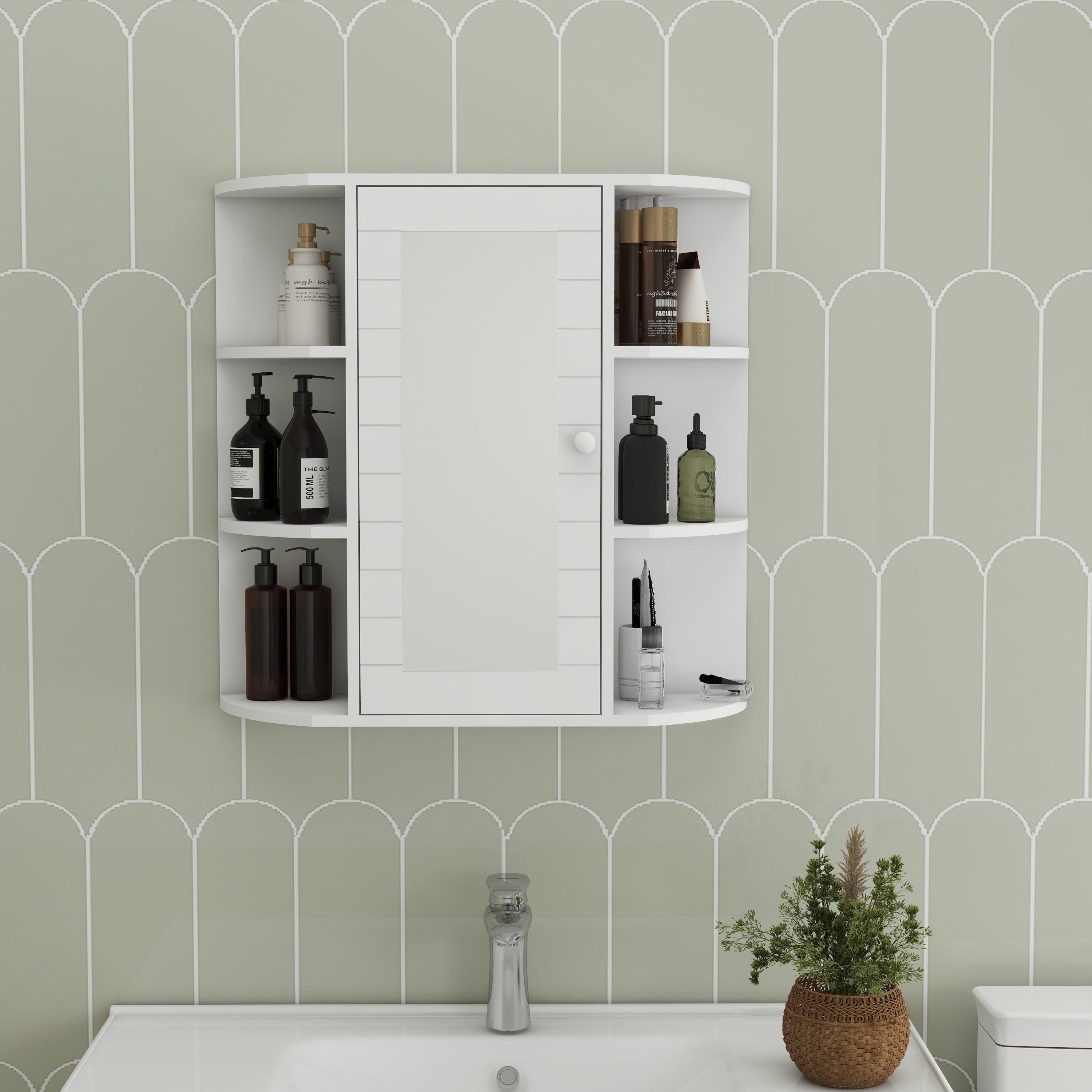 Bathroom Medicine Cabinet with Mirror, Wall Mounted Bathroom Cabinet with Mirror Door, 6 Open Shelves, 3 Adjustable Shelves for Bathroom Living Room Laundry Bedroom-White