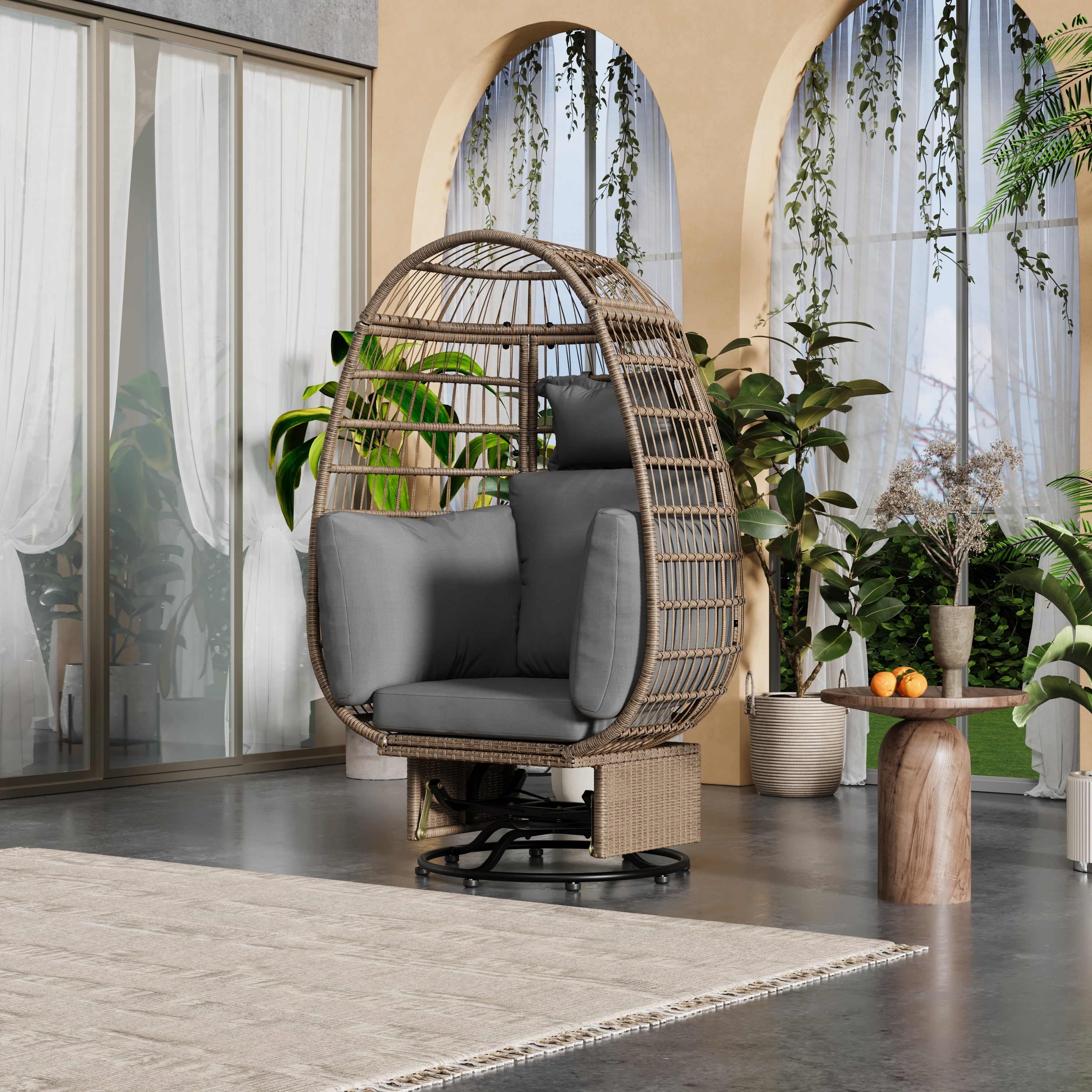 🆓🚛 Outdoor Swivel Chair With Cushions, Rattan Egg Patio Chair With Rocking Function for Balcony, Poolside and Garden, Natural Wicker + Gray Cushion