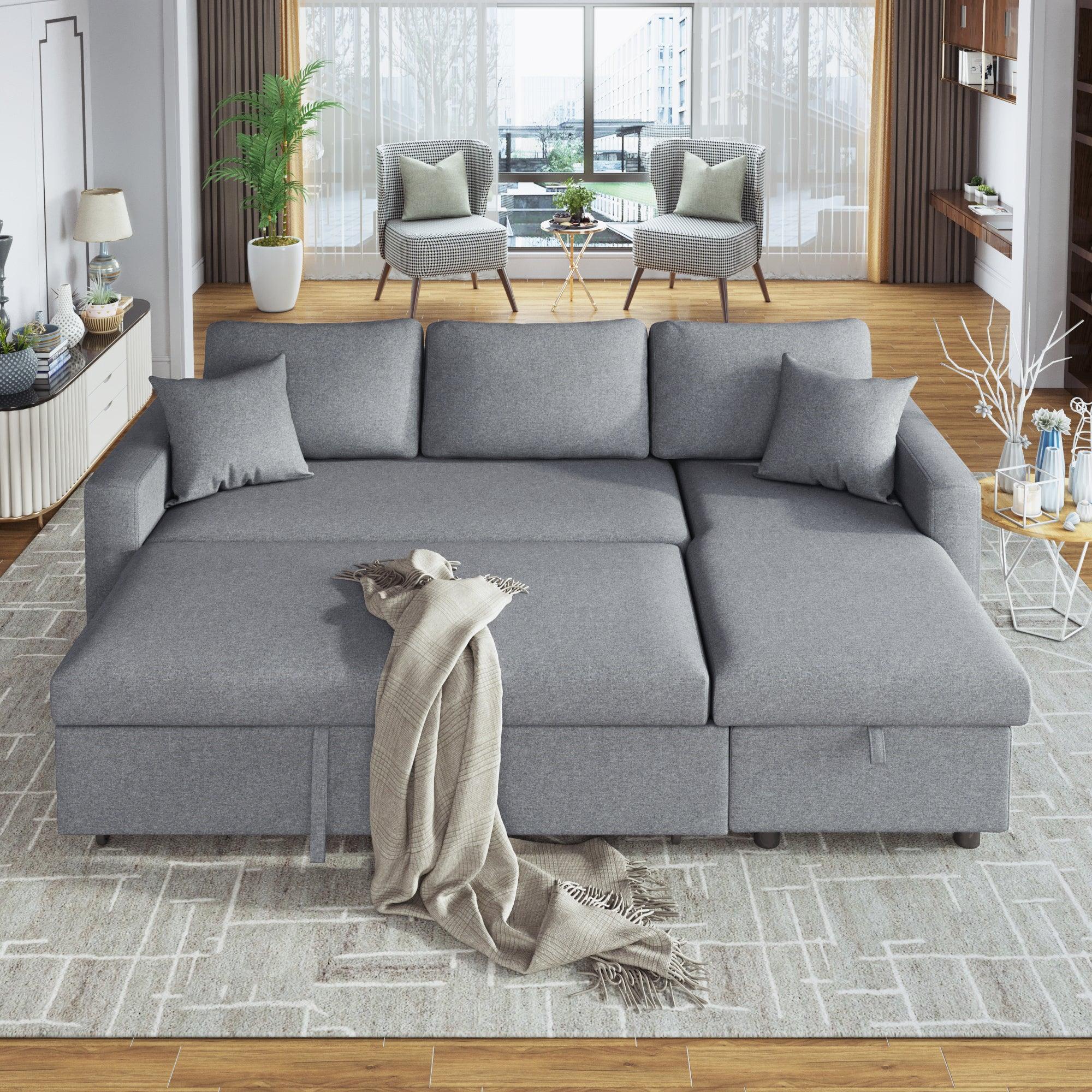 🆓🚛Upholstery Sleeper Sectional Sofa Gray With Storage Space, 2 Tossing Cushions