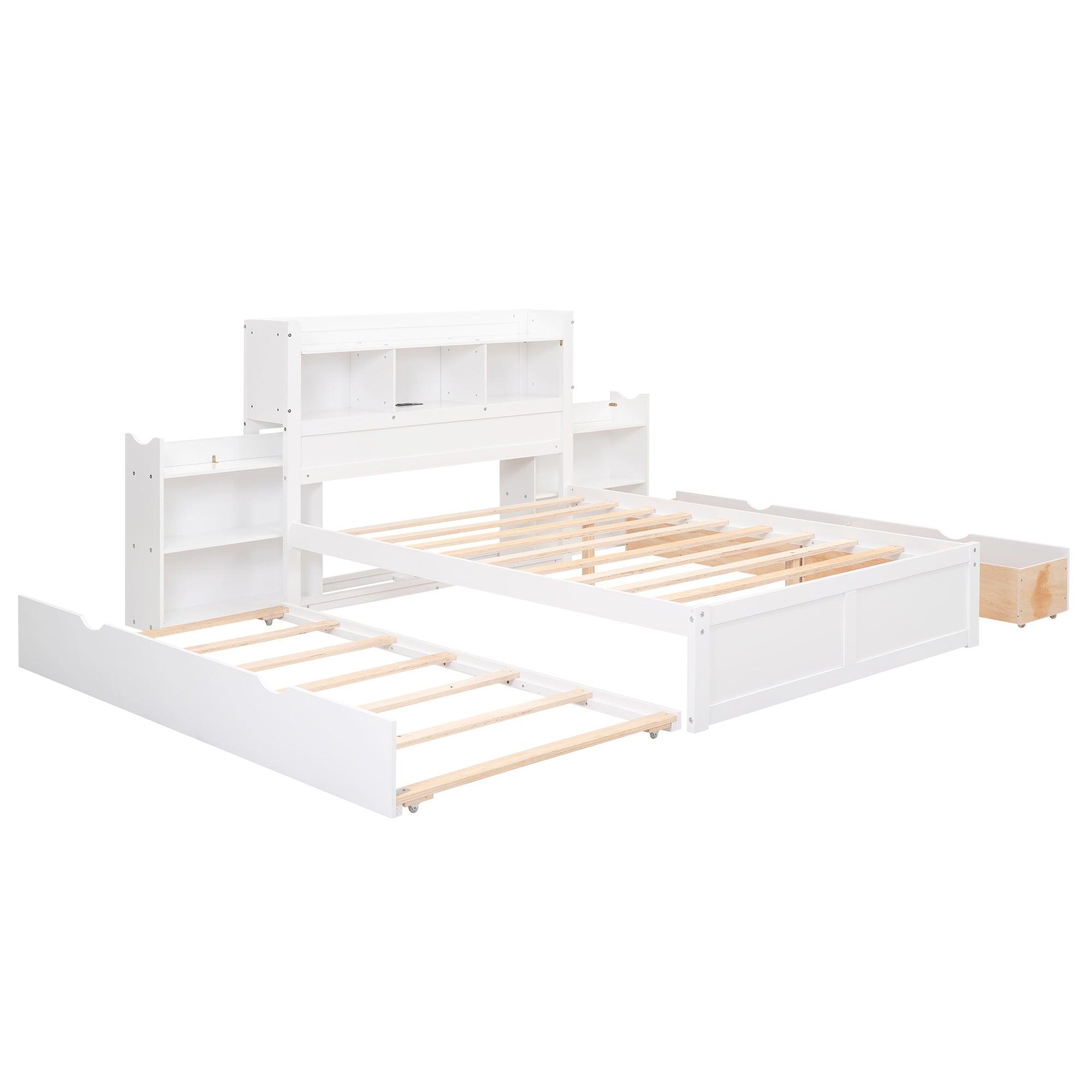 Full Size Storage Platform Bed with Pull Out Shelves, Twin Size Trundle and 2 Drawers, White