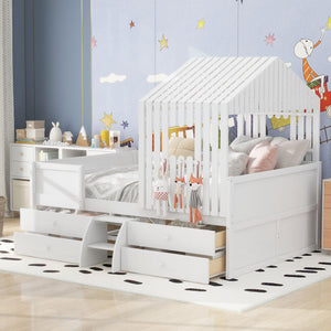 Full Size House Low Loft Bed with Four Drawers, White