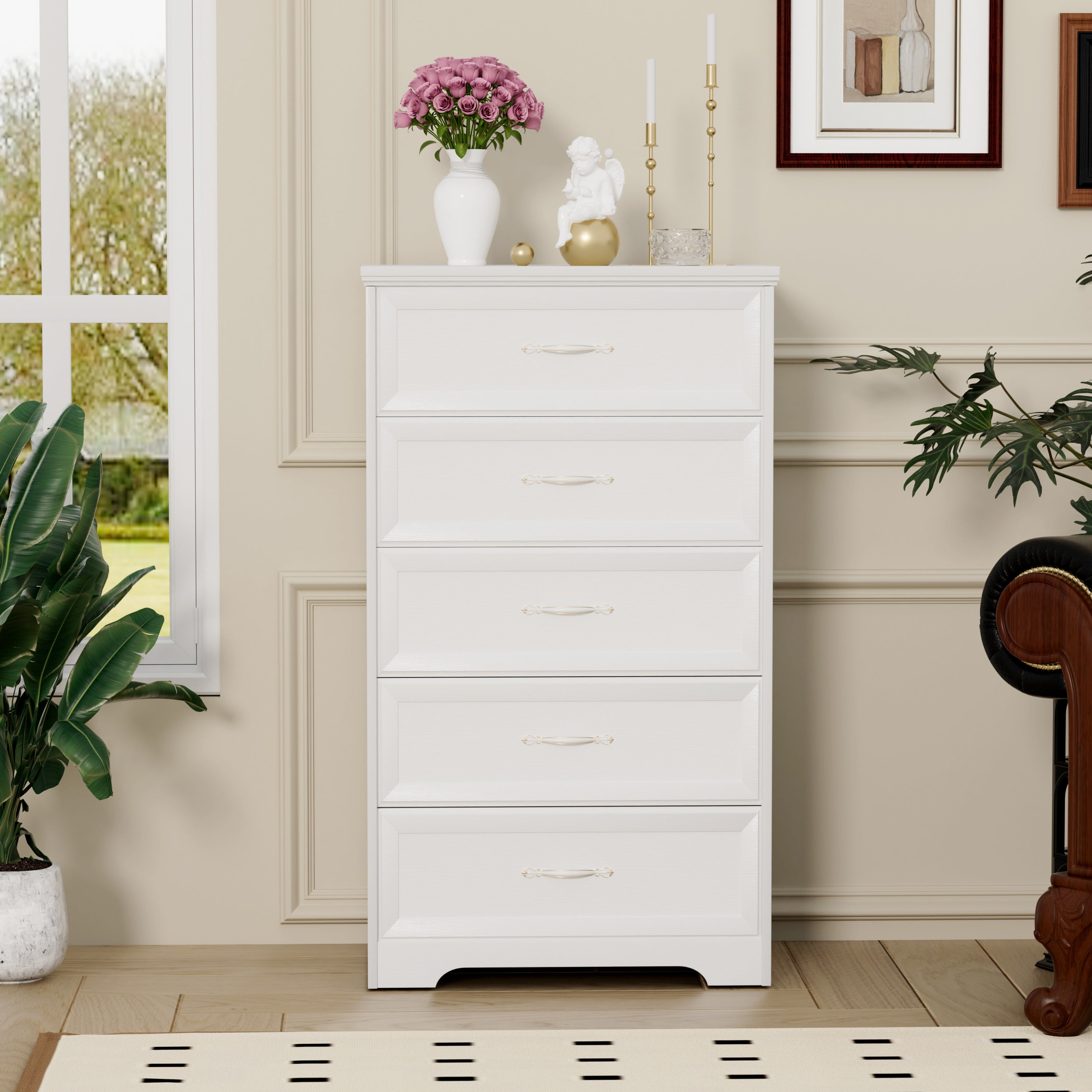 🆓🚛 Modern 5 Tier Bedroom Chest of Drawers, Dresser With Drawers, Clothes Organizer for Living Room, Bedroom, Hallway, White, 25.2″L X 15.8″W X 43.5″H